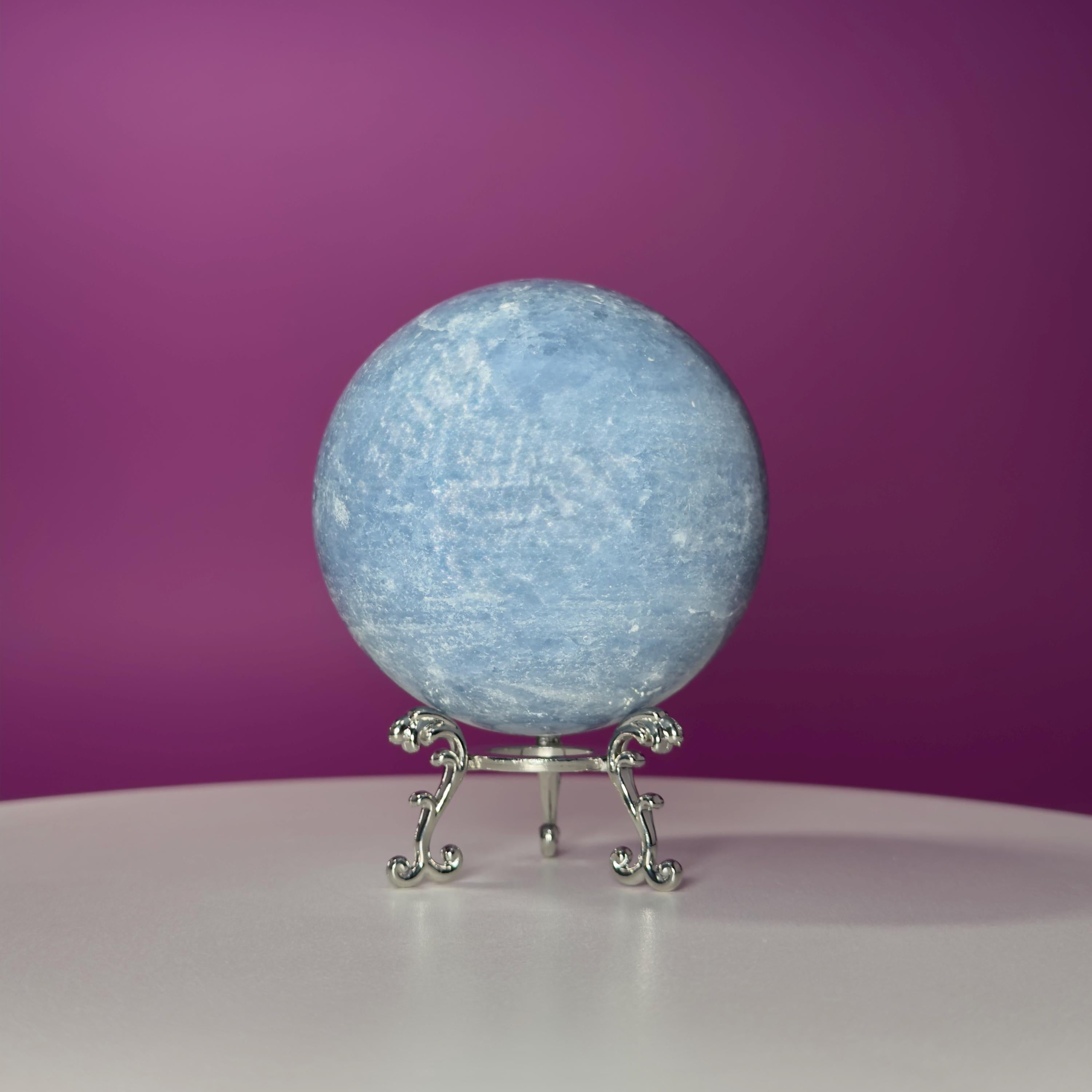 Blue Calcite Sphere 843g with Silver Stand | Large Calming Crystal Ball | Soothing Decor Stone