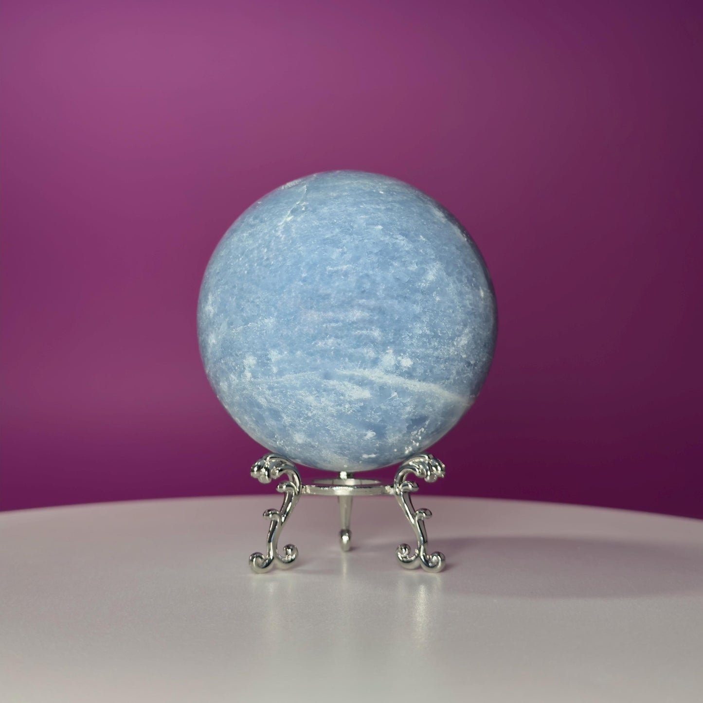 Blue Calcite Sphere 843g with Silver Stand | Large Calming Crystal Ball | Soothing Decor Stone