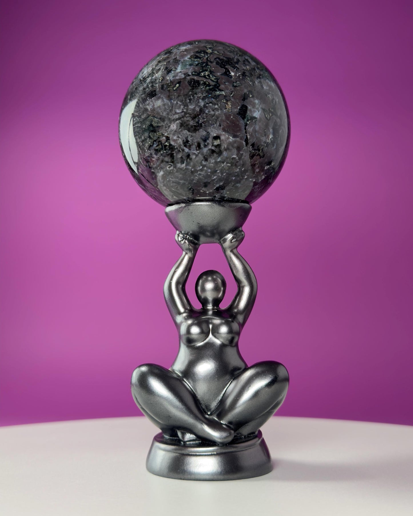Indigo Gabbro Sphere with Goddess Stand (Mystic Merlinite), Healing Stone for Altar Decor & Meditation