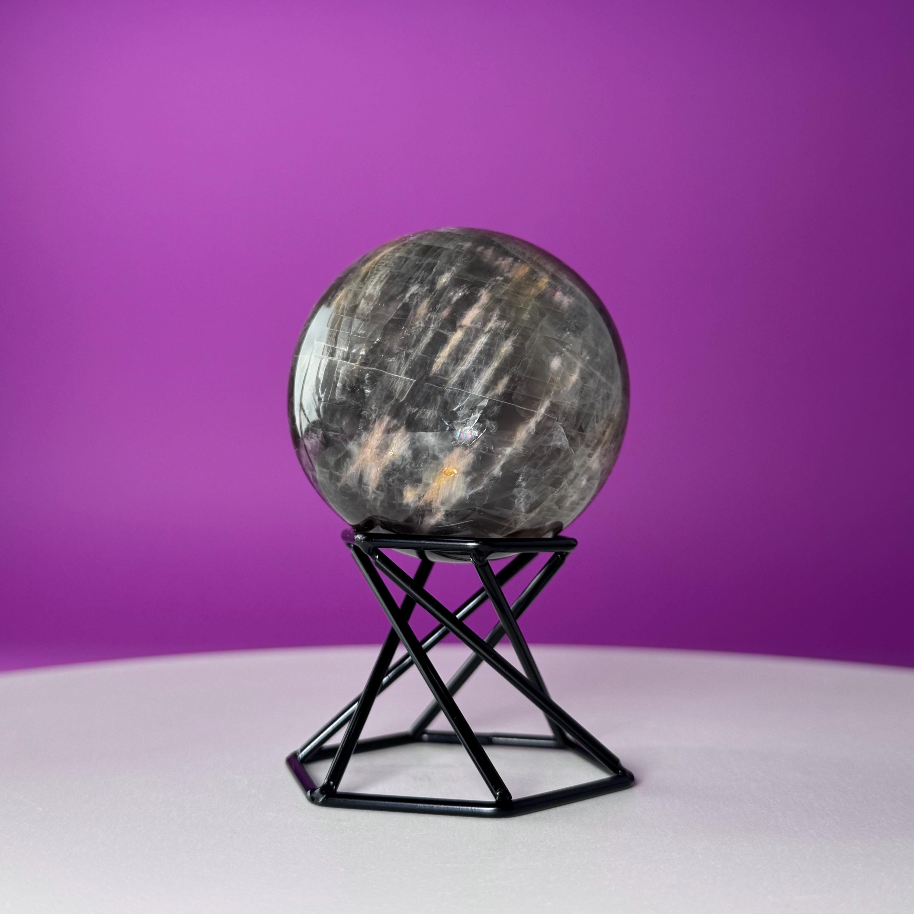 Black Moonstone Sphere with Stand | 259g Polished Crystal Ball | Intuition Stone | Lunar Energy Decor