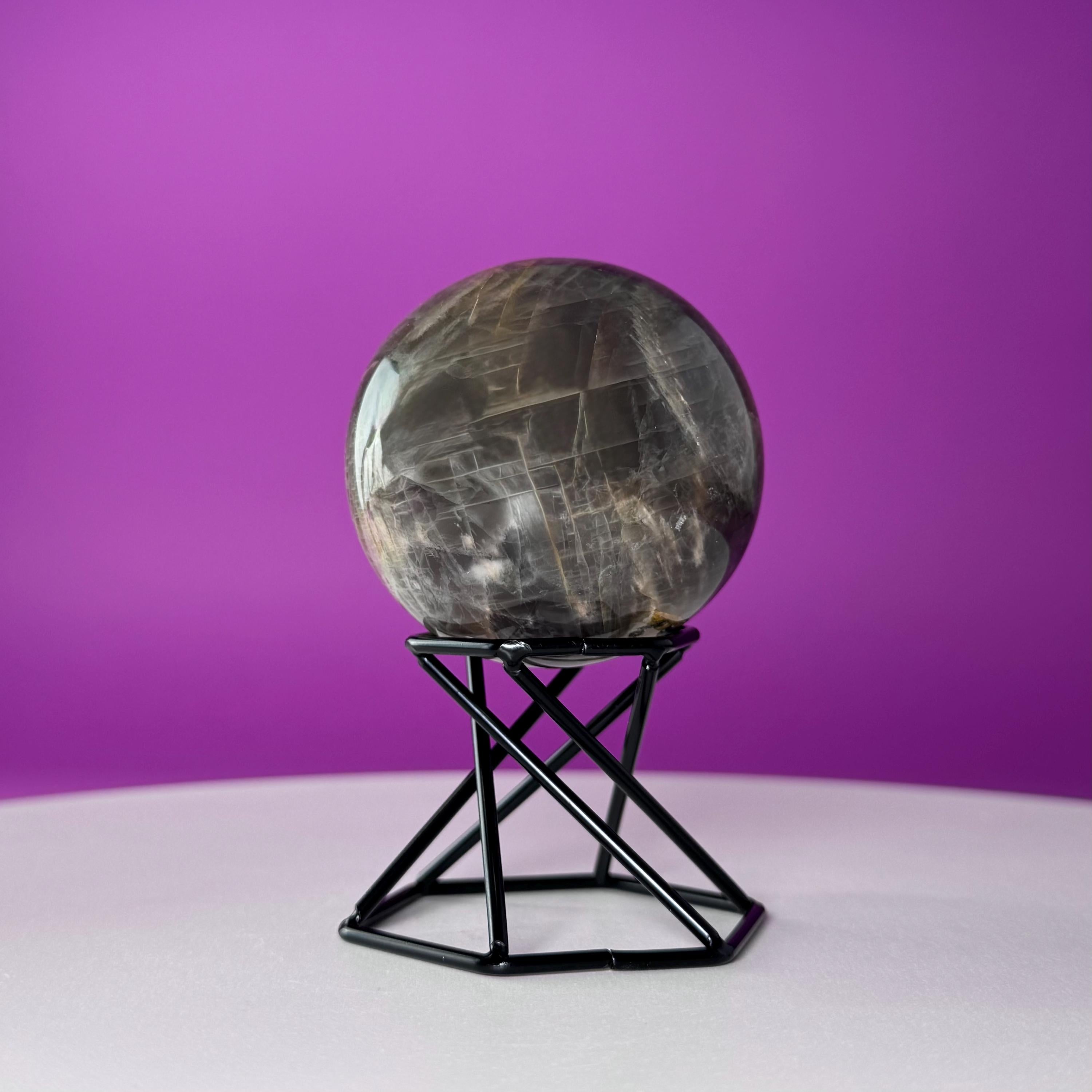 Black Moonstone Sphere with Stand | 259g Polished Crystal Ball | Intuition Stone | Lunar Energy Decor