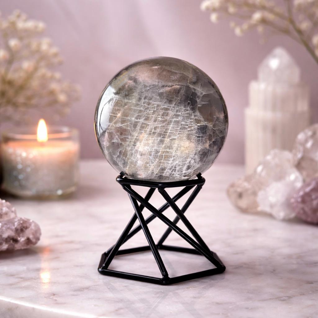 Black Moonstone Sphere with Stand | 259g Polished Crystal Ball | Intuition Stone | Lunar Energy Decor