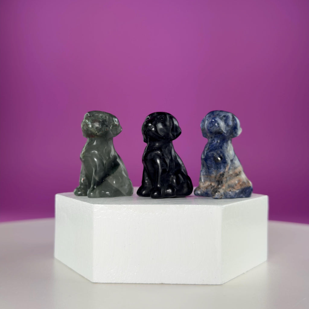 Mini Crystal Dog Carving  Black Obsidian Bloodstone Sodalite  Small Healing Stone Animal Figurine
