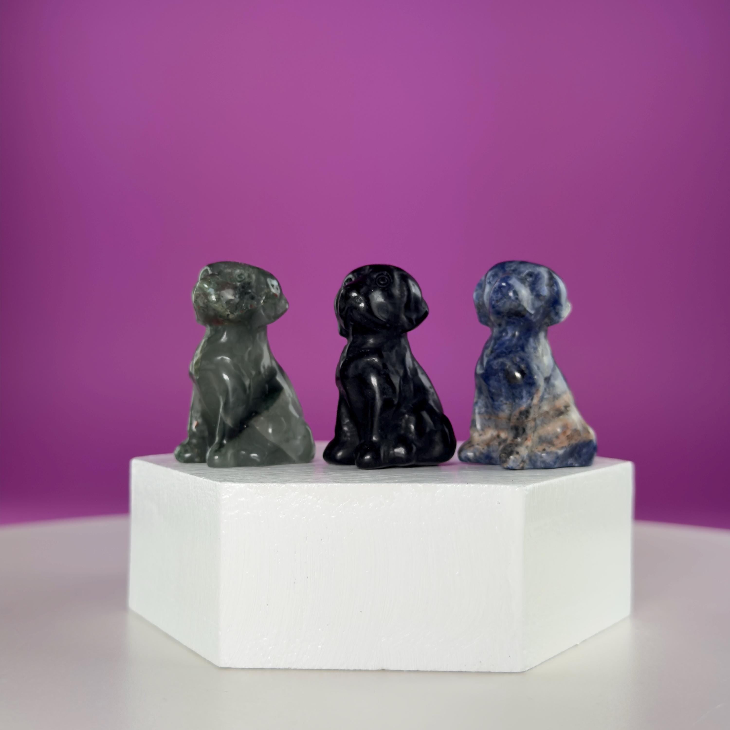 Mini Crystal Dog Carving  Black Obsidian Bloodstone Sodalite  Small Healing Stone Animal Figurine