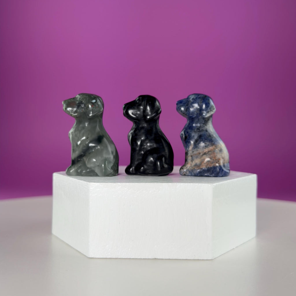 Mini Crystal Dog Carving  Black Obsidian Bloodstone Sodalite  Small Healing Stone Animal Figurine