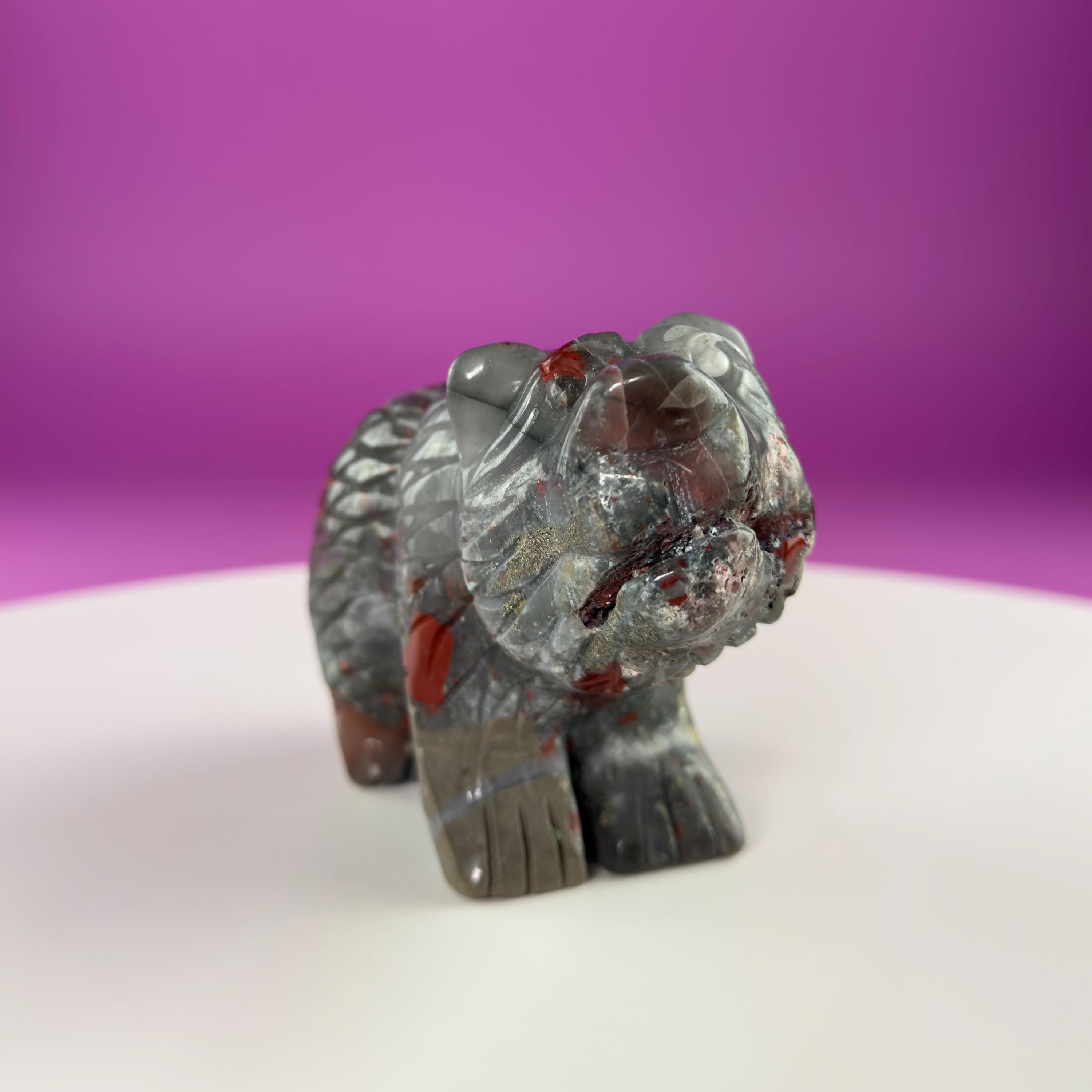 African Bloodstone Bear Carving  Crystal Animal Totem  Healing Stone Figurine for Strength & Protection