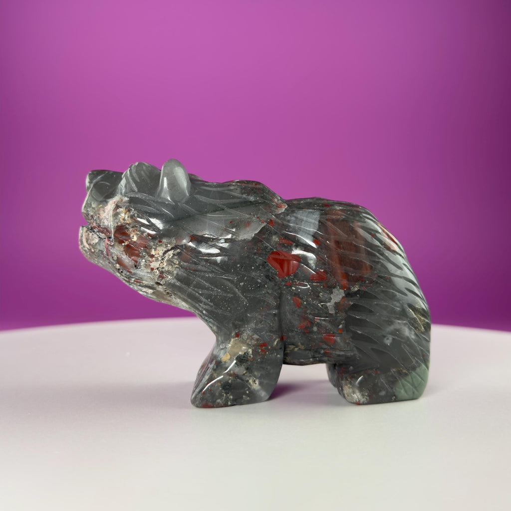 African Bloodstone Bear Carving  Crystal Animal Totem  Healing Stone Figurine for Strength & Protection