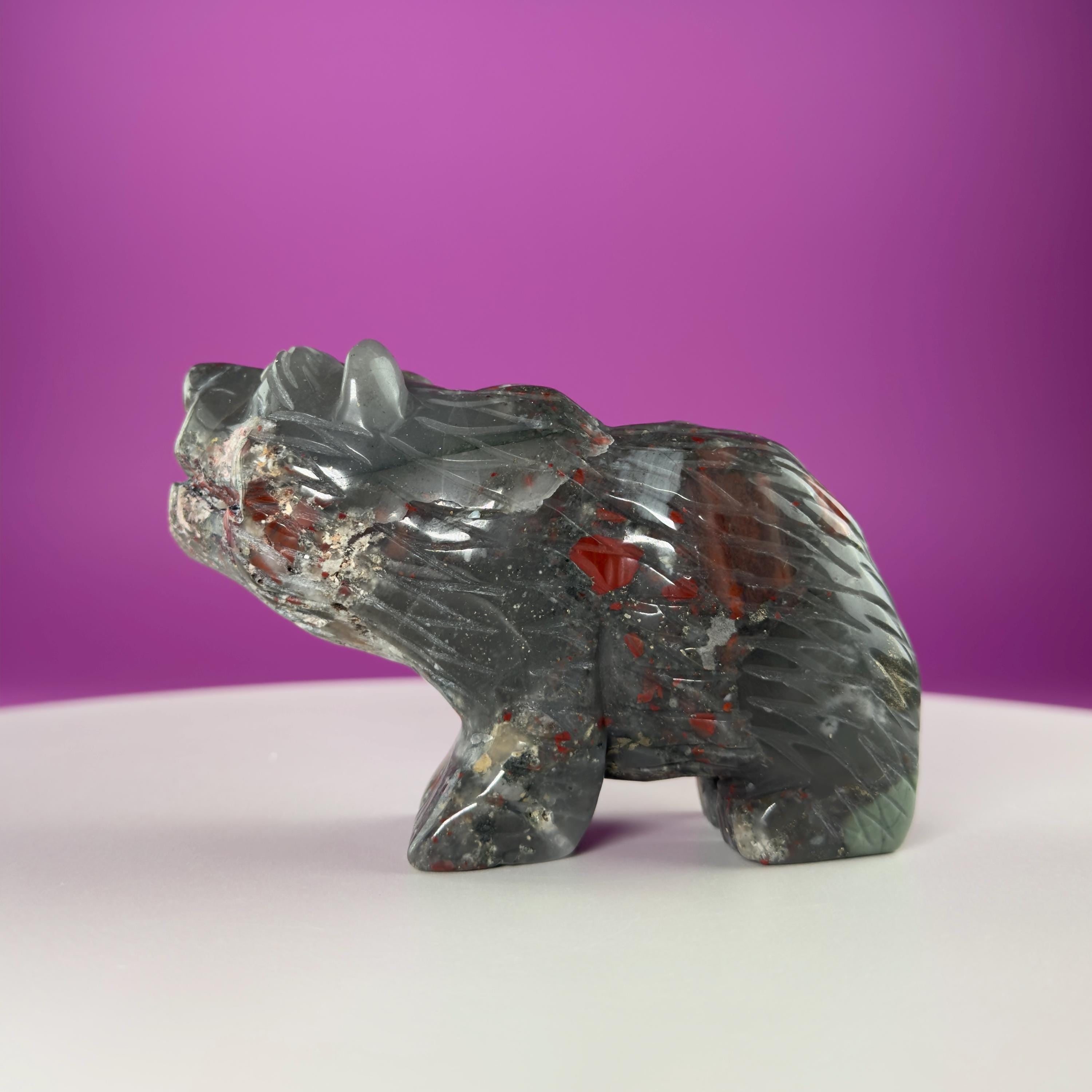 African Bloodstone Bear Carving  Crystal Animal Totem  Healing Stone Figurine for Strength & Protection