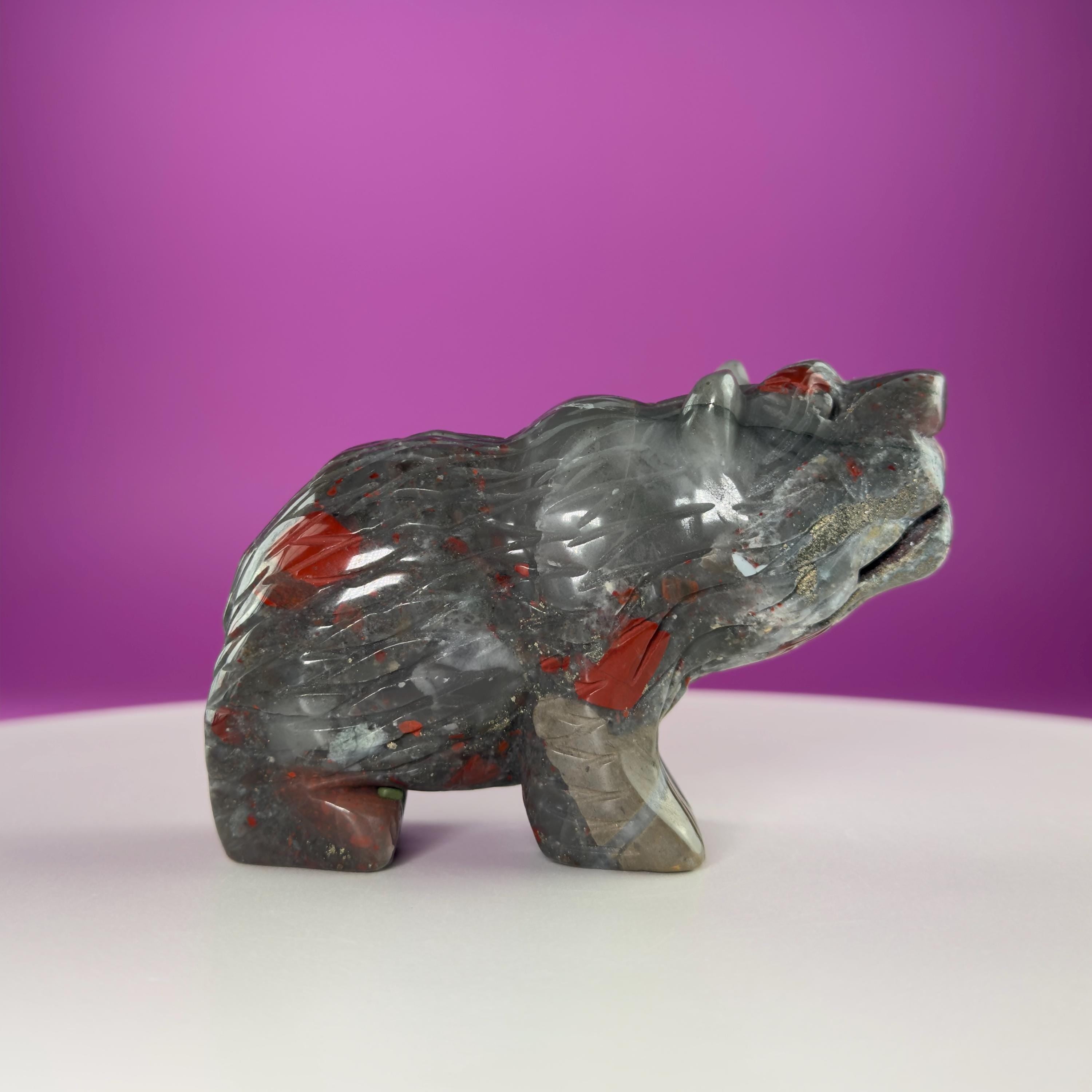 African Bloodstone Bear Carving  Crystal Animal Totem  Healing Stone Figurine for Strength & Protection