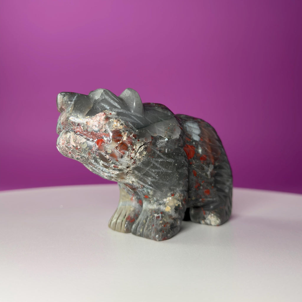 African Bloodstone Bear Carving  Crystal Animal Totem  Healing Stone Figurine for Strength & Protection