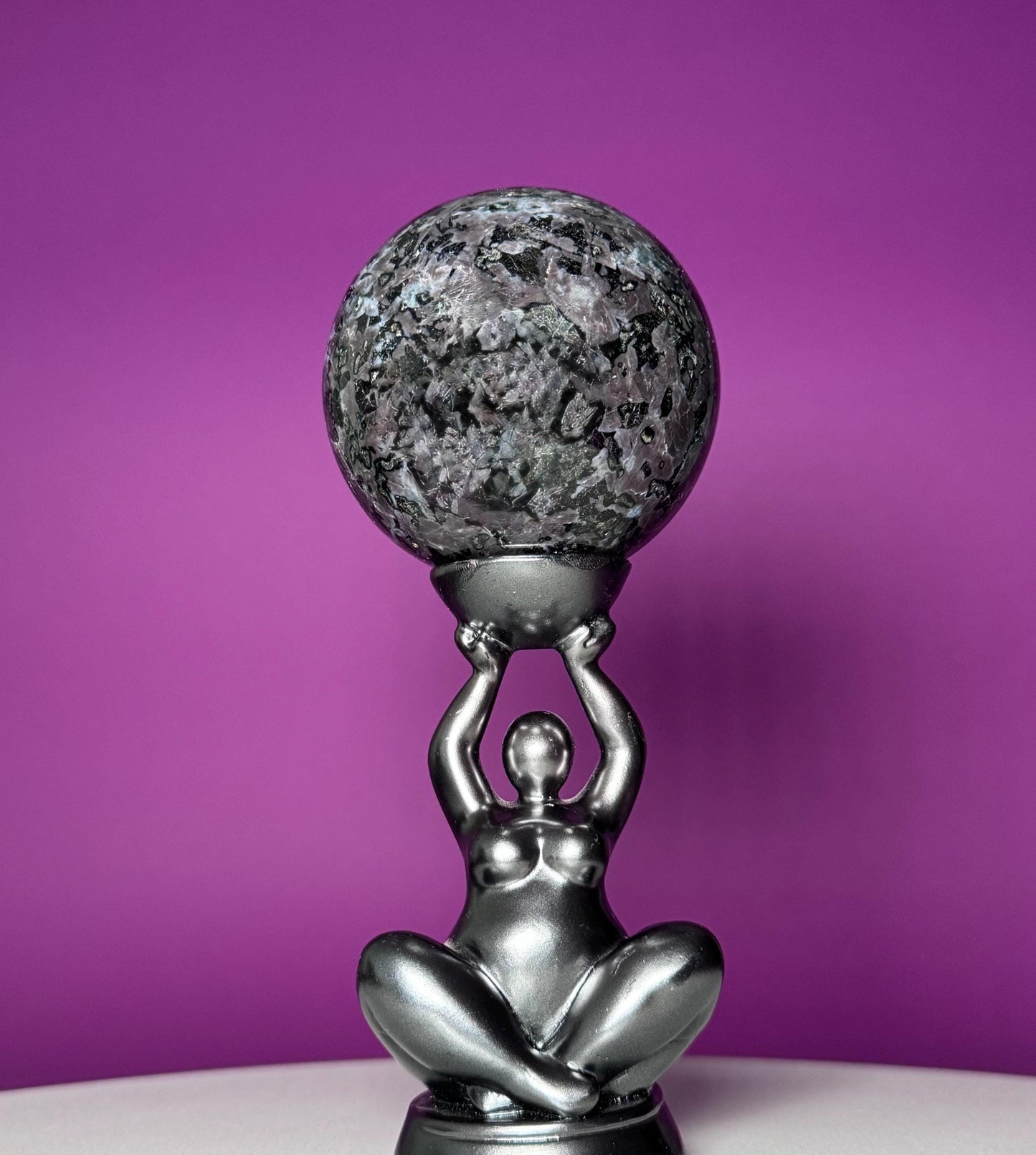 Indigo Gabbro Sphere with Goddess Stand (Mystic Merlinite), Healing Stone for Altar Decor & Meditation