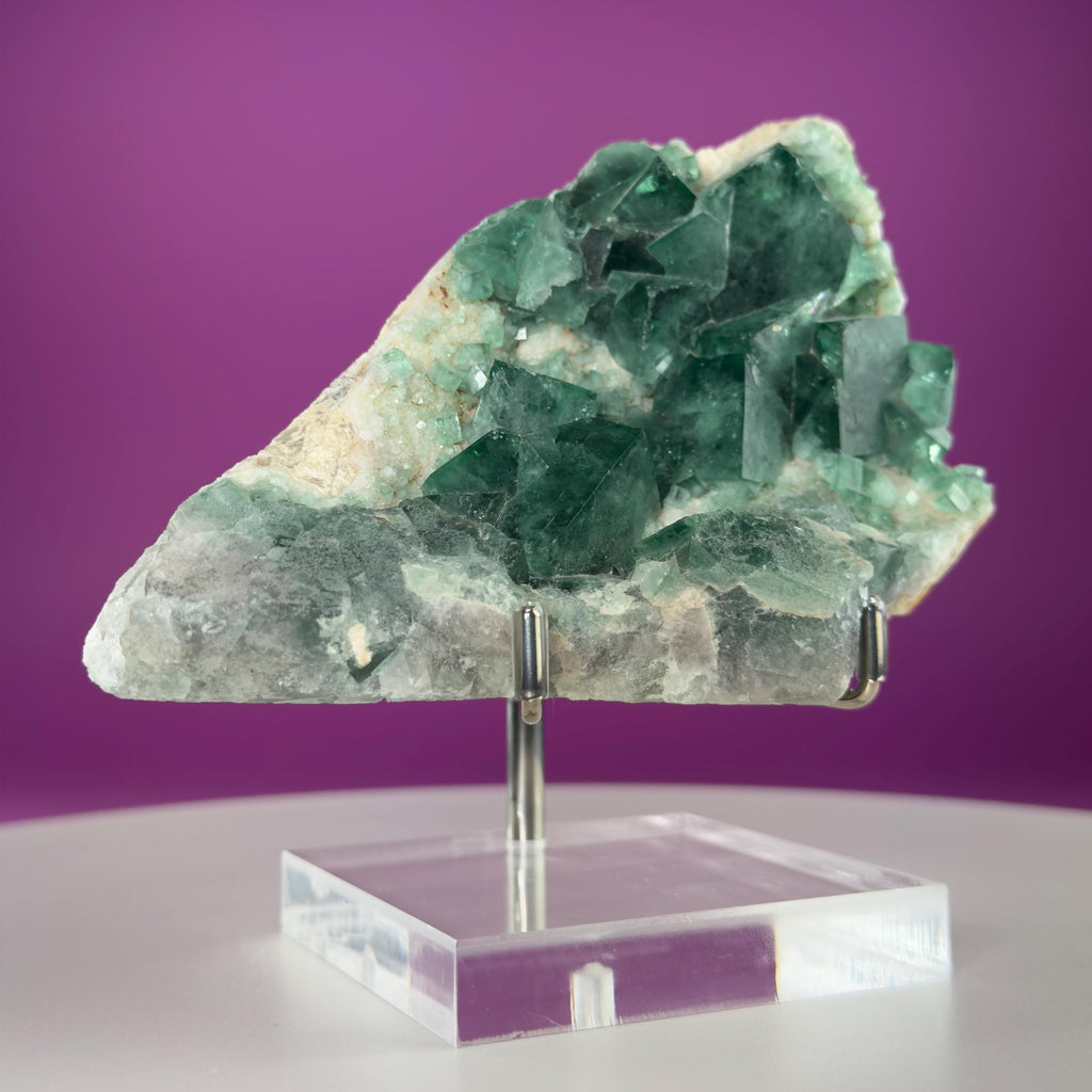 Green Fluorite on Matrix Display Specimen, UV Reactive (Includes Metal/Acrylic Stand)
