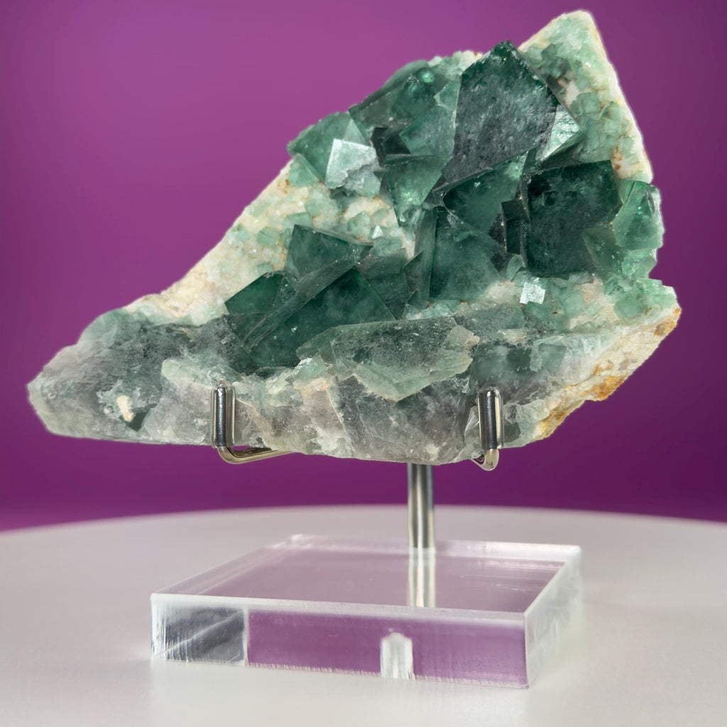 Green Fluorite on Matrix Display Specimen, UV Reactive (Includes Metal/Acrylic Stand)