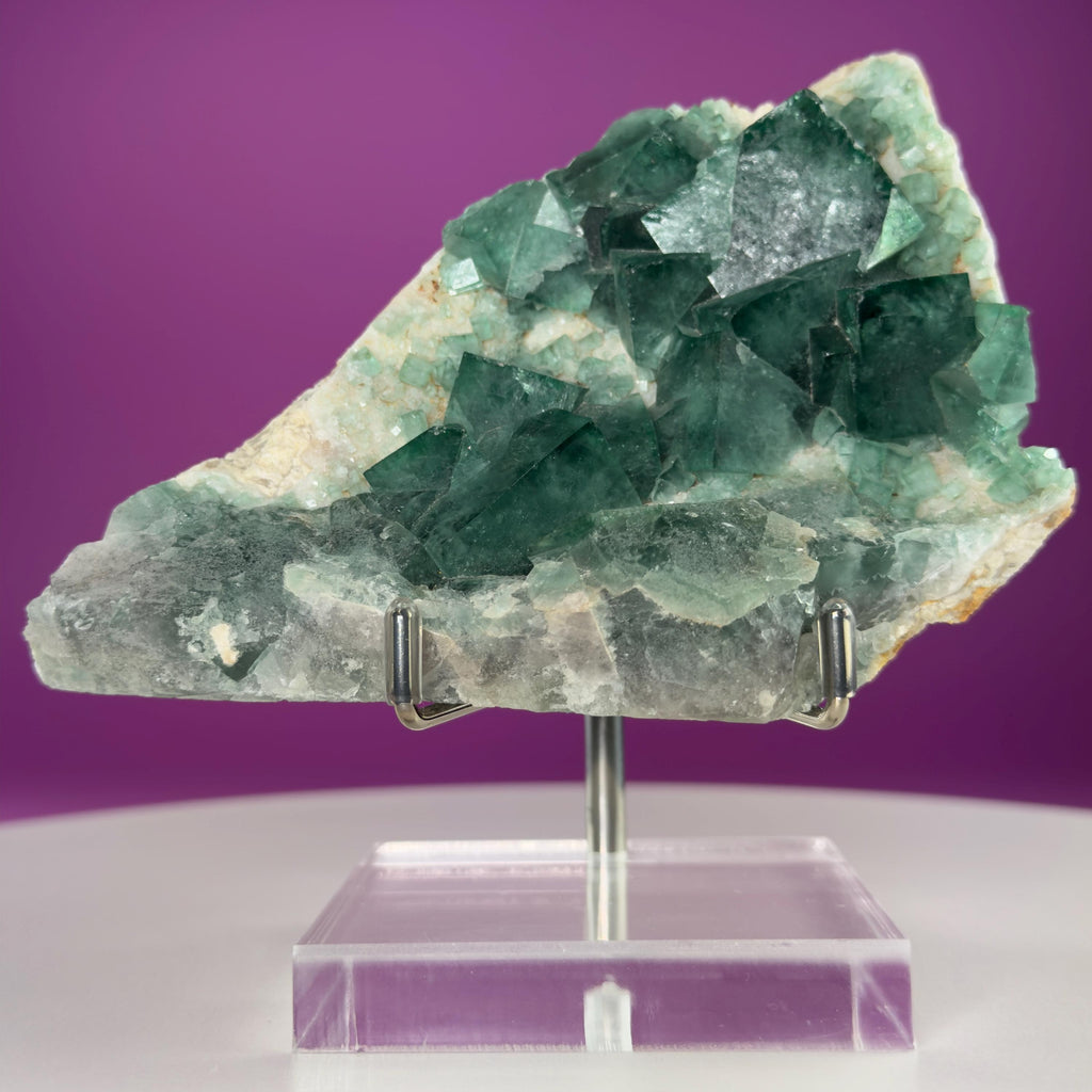 Green Fluorite on Matrix Display Specimen, UV Reactive (Includes Metal/Acrylic Stand)
