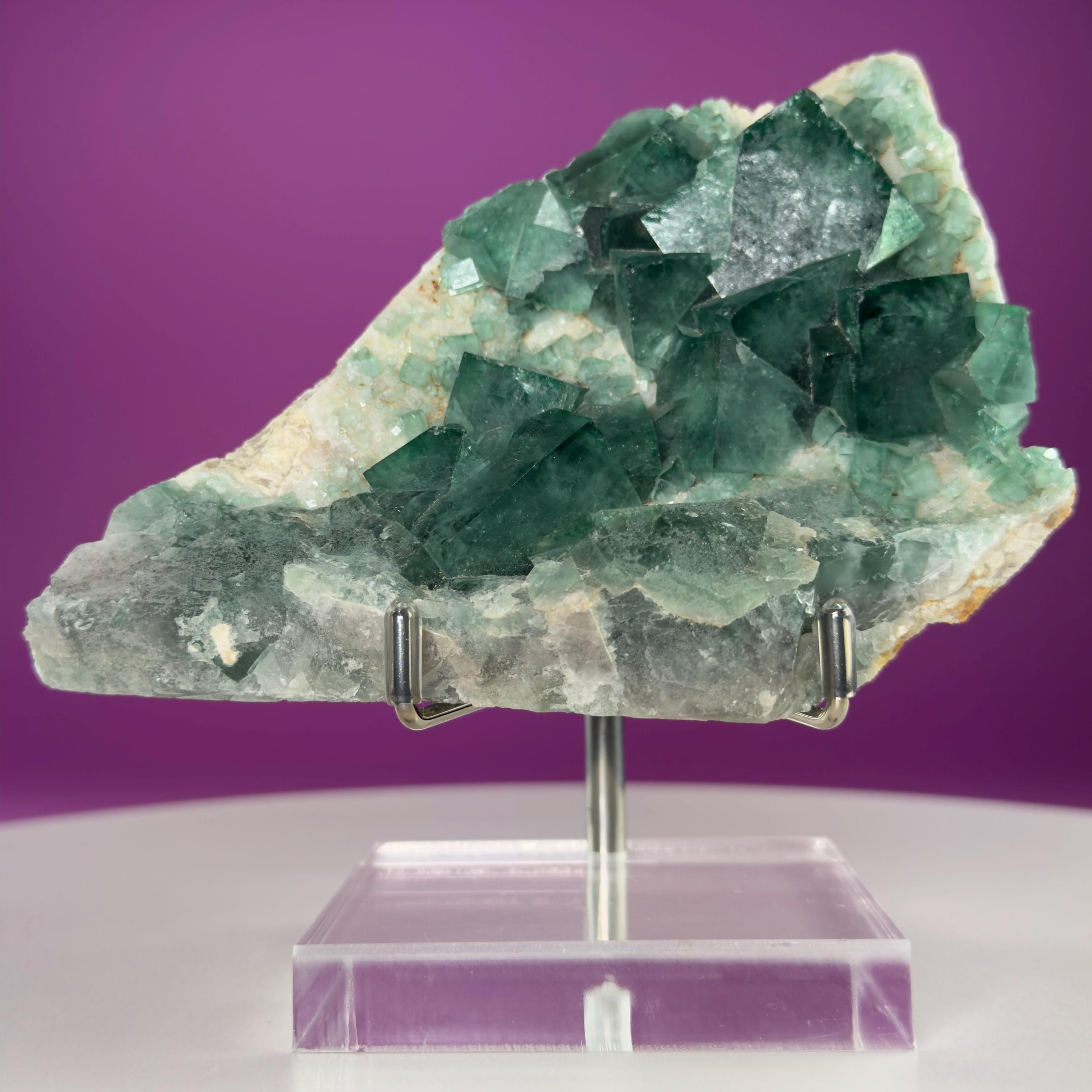Green Fluorite on Matrix Display Specimen, UV Reactive (Includes Metal/Acrylic Stand)