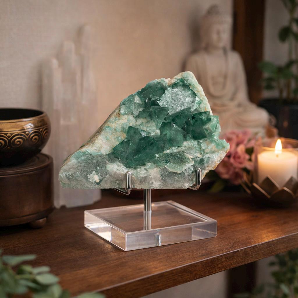Green Fluorite on Matrix Display Specimen, UV Reactive (Includes Metal/Acrylic Stand)