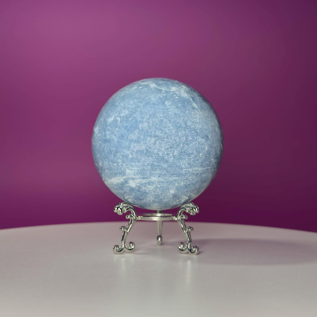 Blue Calcite Sphere 843g with Silver Stand | Large Calming Crystal Ball | Soothing Decor Stone