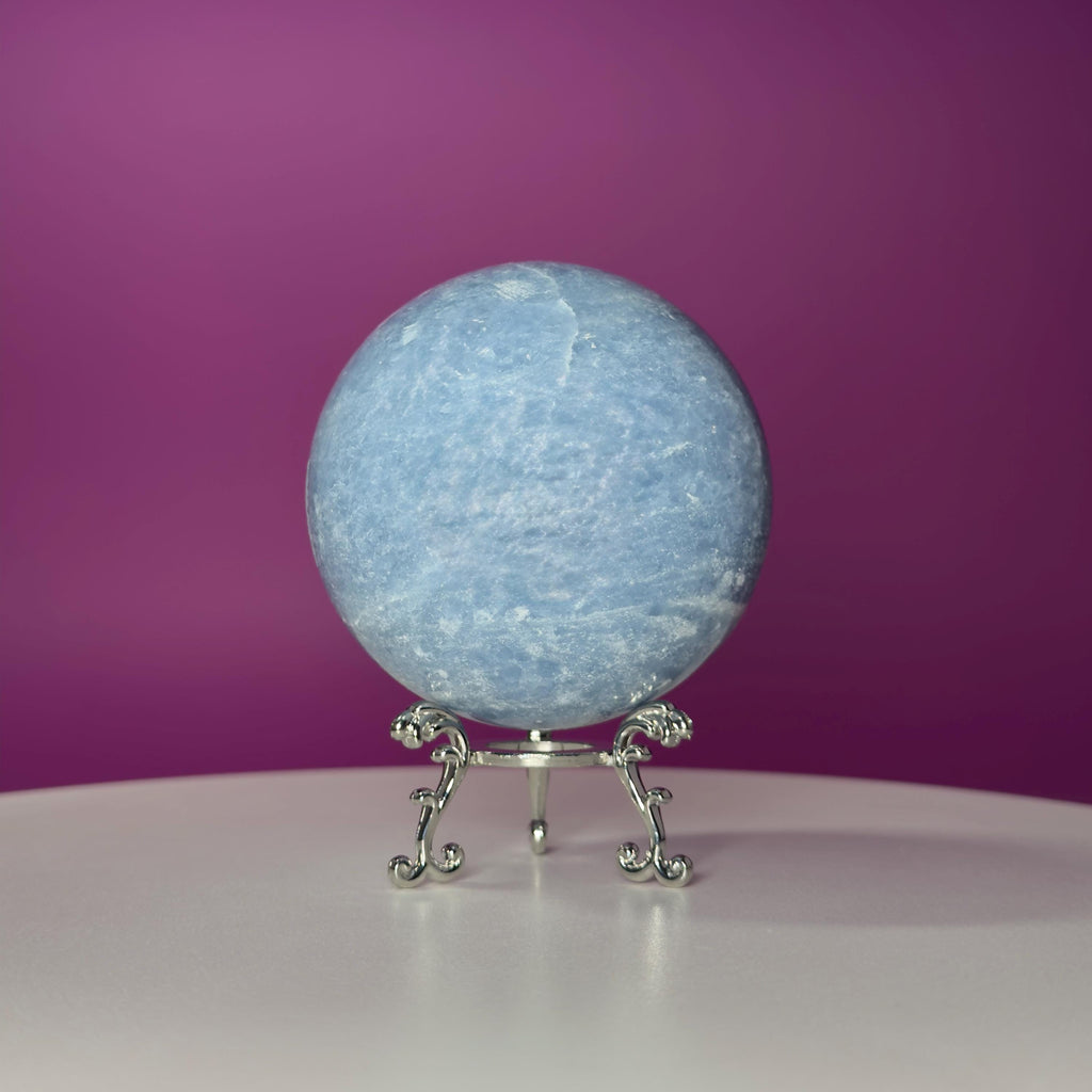 Blue Calcite Sphere 843g with Silver Stand | Large Calming Crystal Ball | Soothing Decor Stone