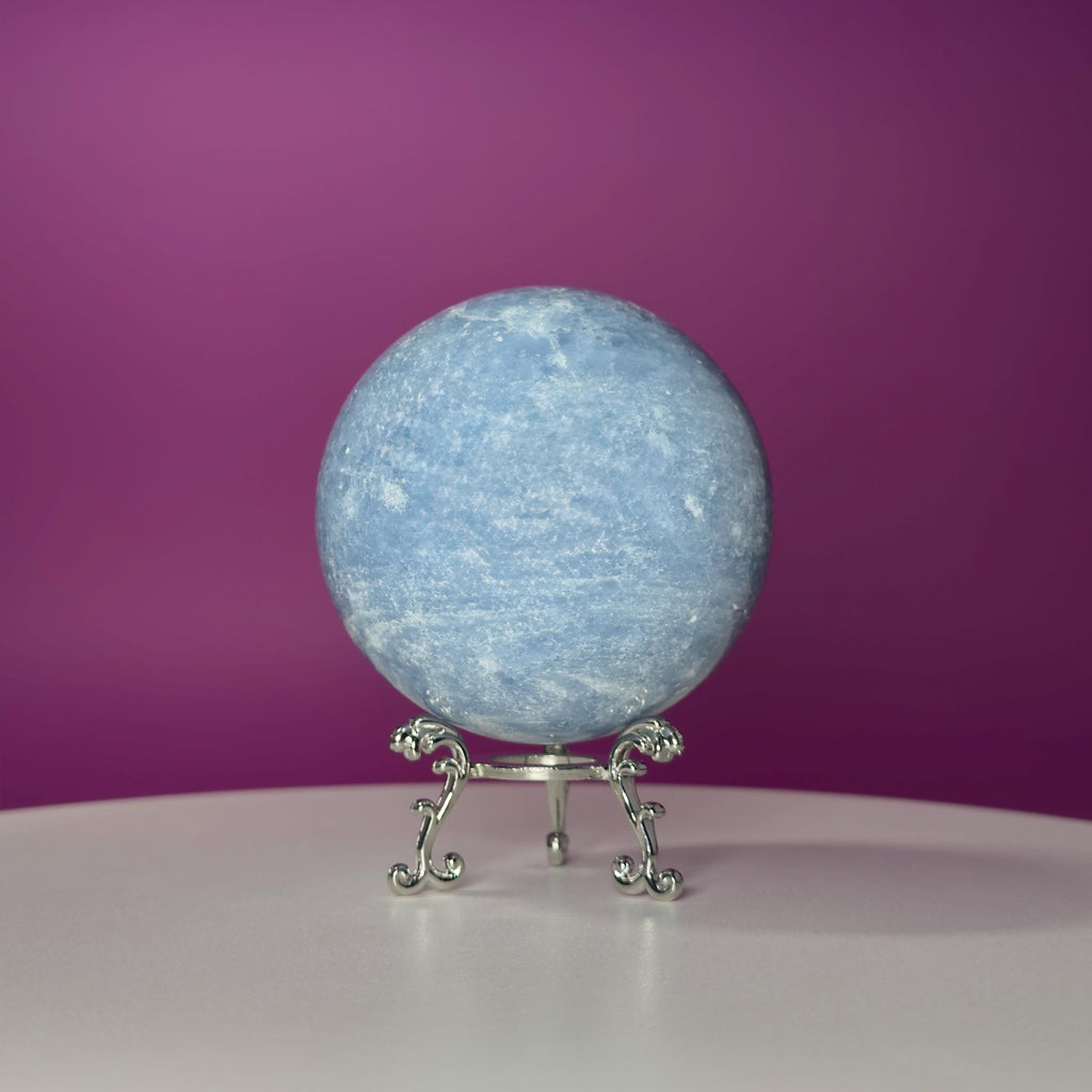 Blue Calcite Sphere 843g with Silver Stand | Large Calming Crystal Ball | Soothing Decor Stone