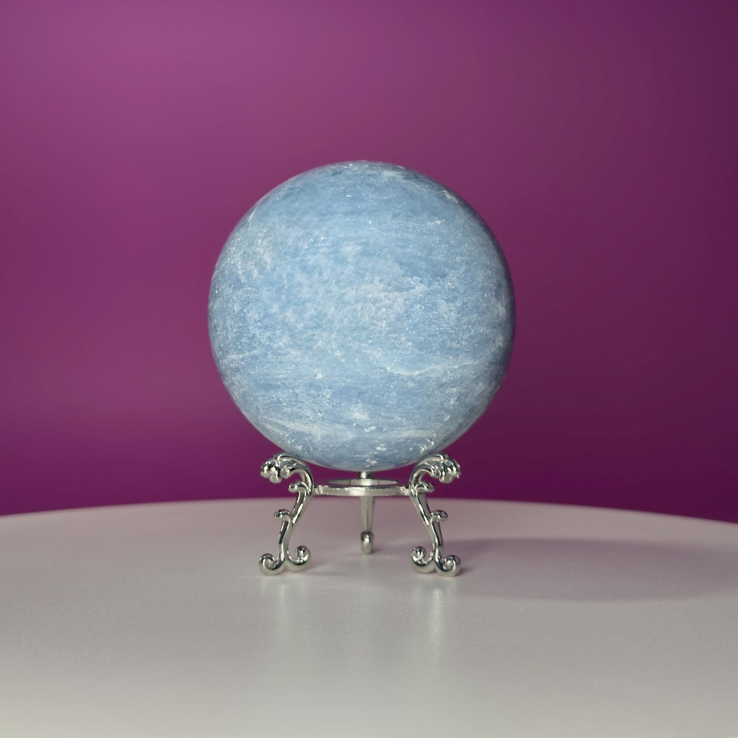 Blue Calcite Sphere 843g with Silver Stand | Large Calming Crystal Ball | Soothing Decor Stone