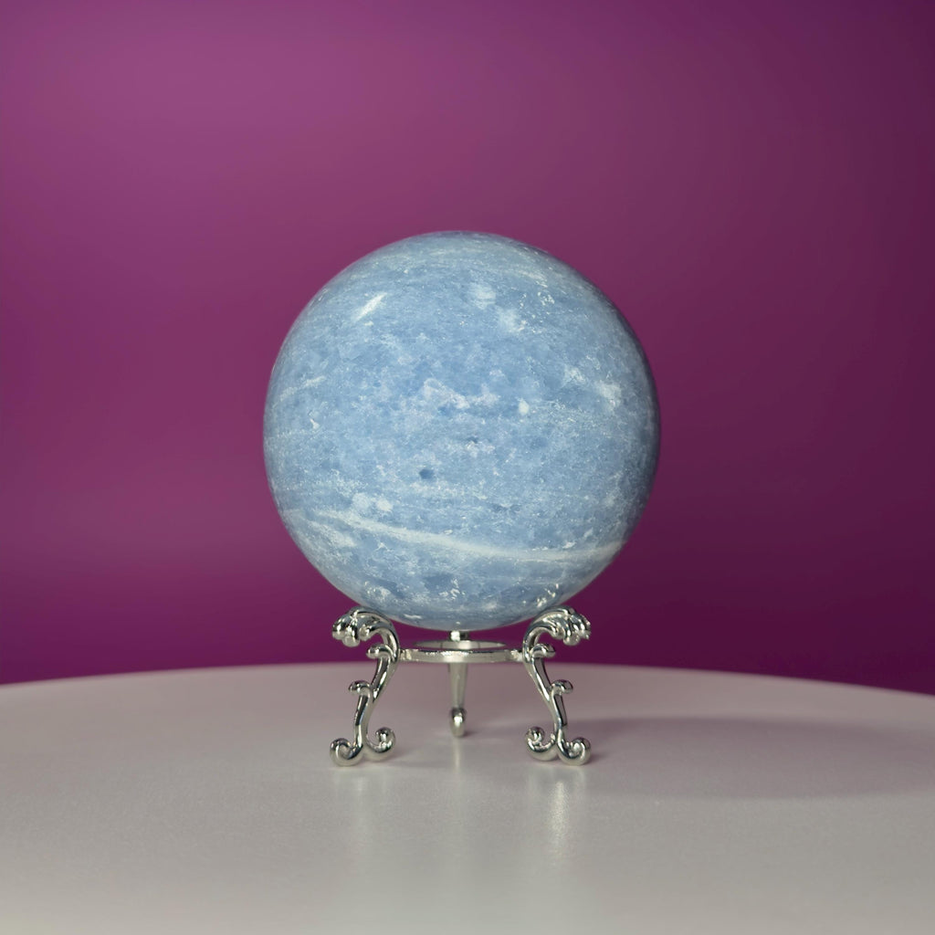 Blue Calcite Sphere 843g with Silver Stand | Large Calming Crystal Ball | Soothing Decor Stone