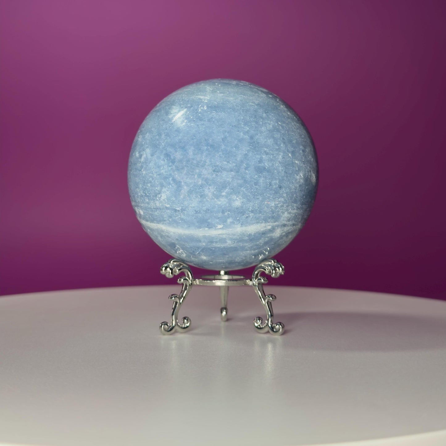 Blue Calcite Sphere 843g with Silver Stand | Large Calming Crystal Ball | Soothing Decor Stone