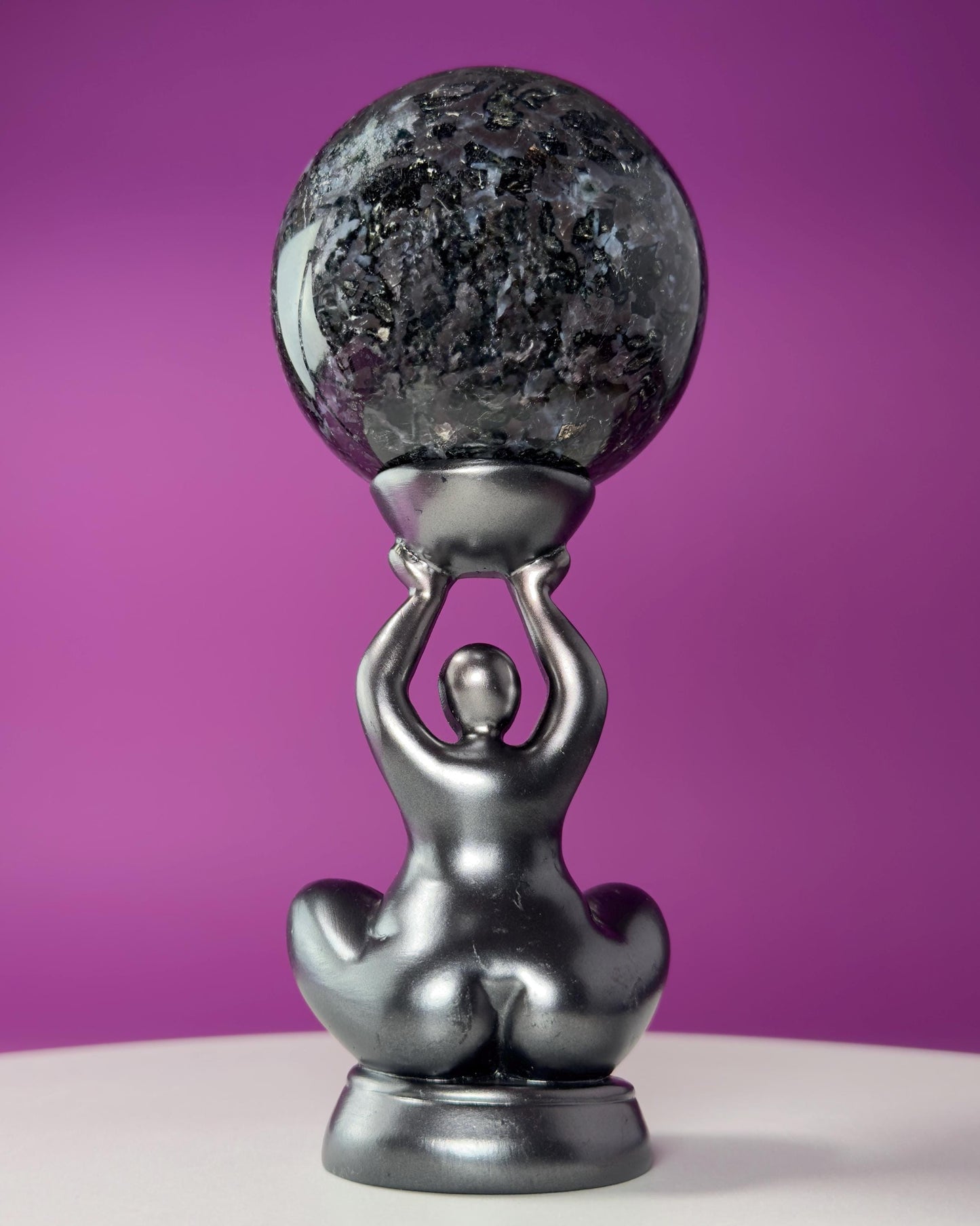Indigo Gabbro Sphere with Goddess Stand (Mystic Merlinite), Healing Stone for Altar Decor & Meditation