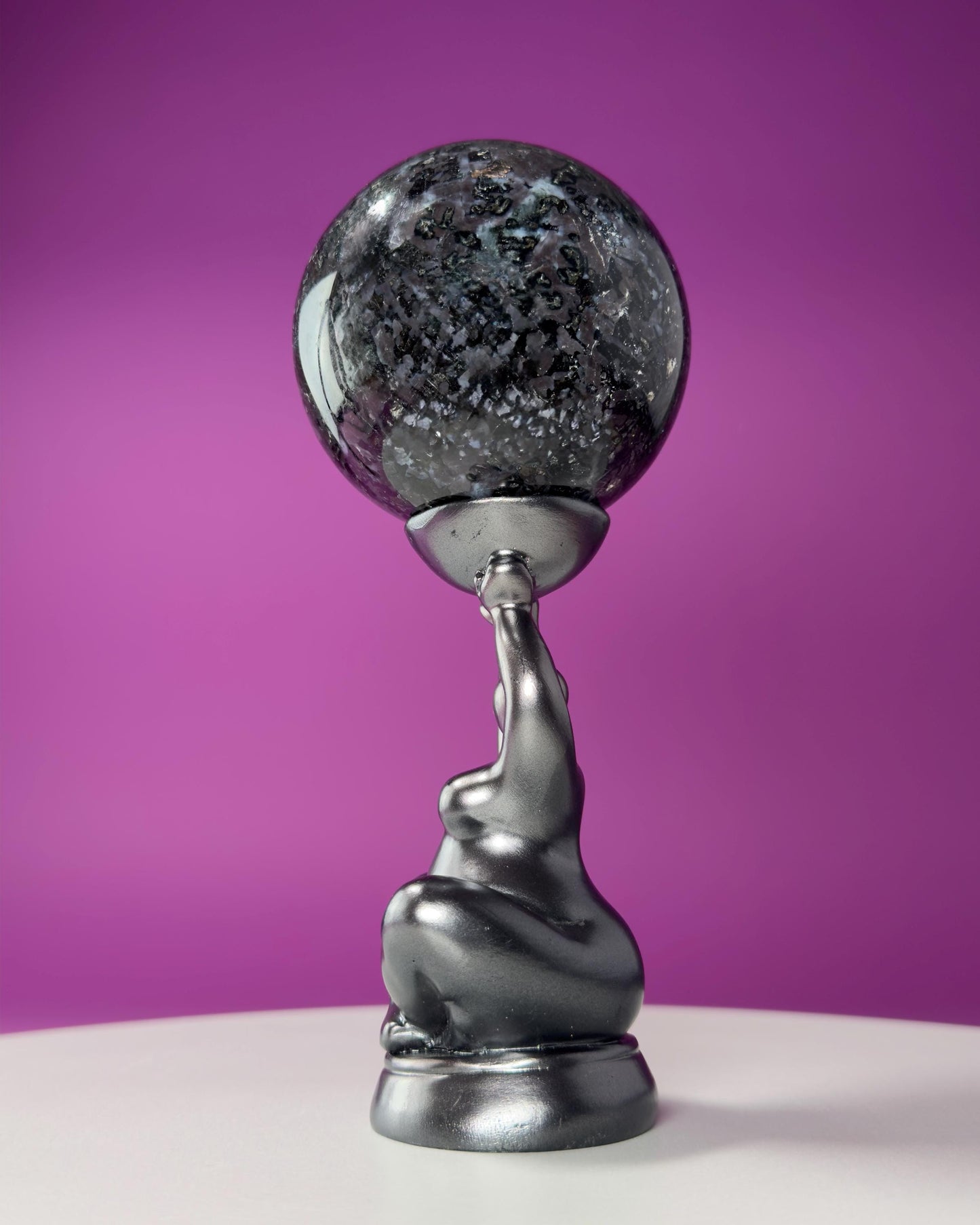 Indigo Gabbro Sphere with Goddess Stand (Mystic Merlinite), Healing Stone for Altar Decor & Meditation