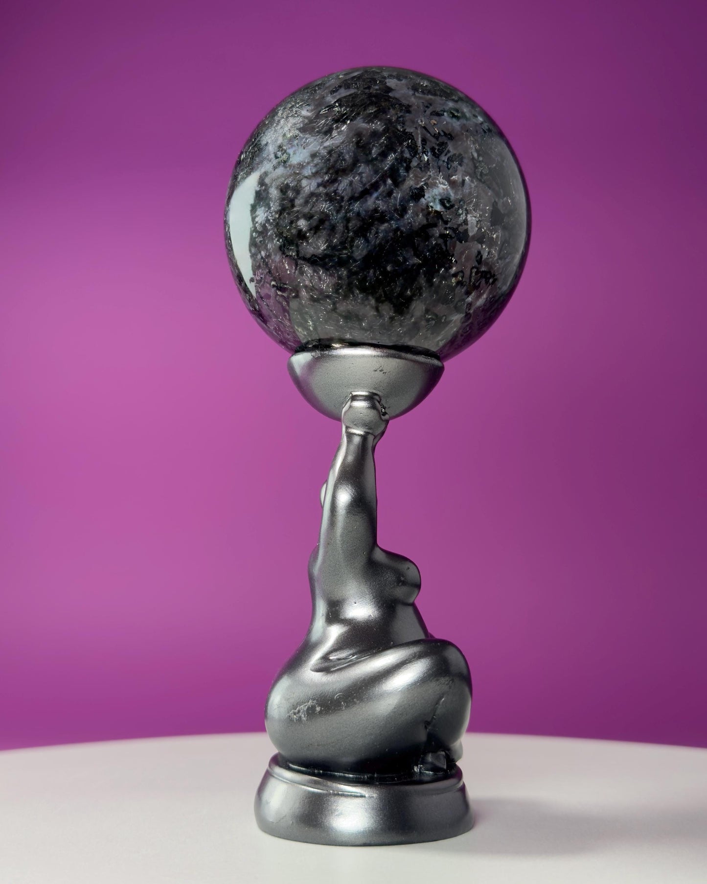 Indigo Gabbro Sphere with Goddess Stand (Mystic Merlinite), Healing Stone for Altar Decor & Meditation