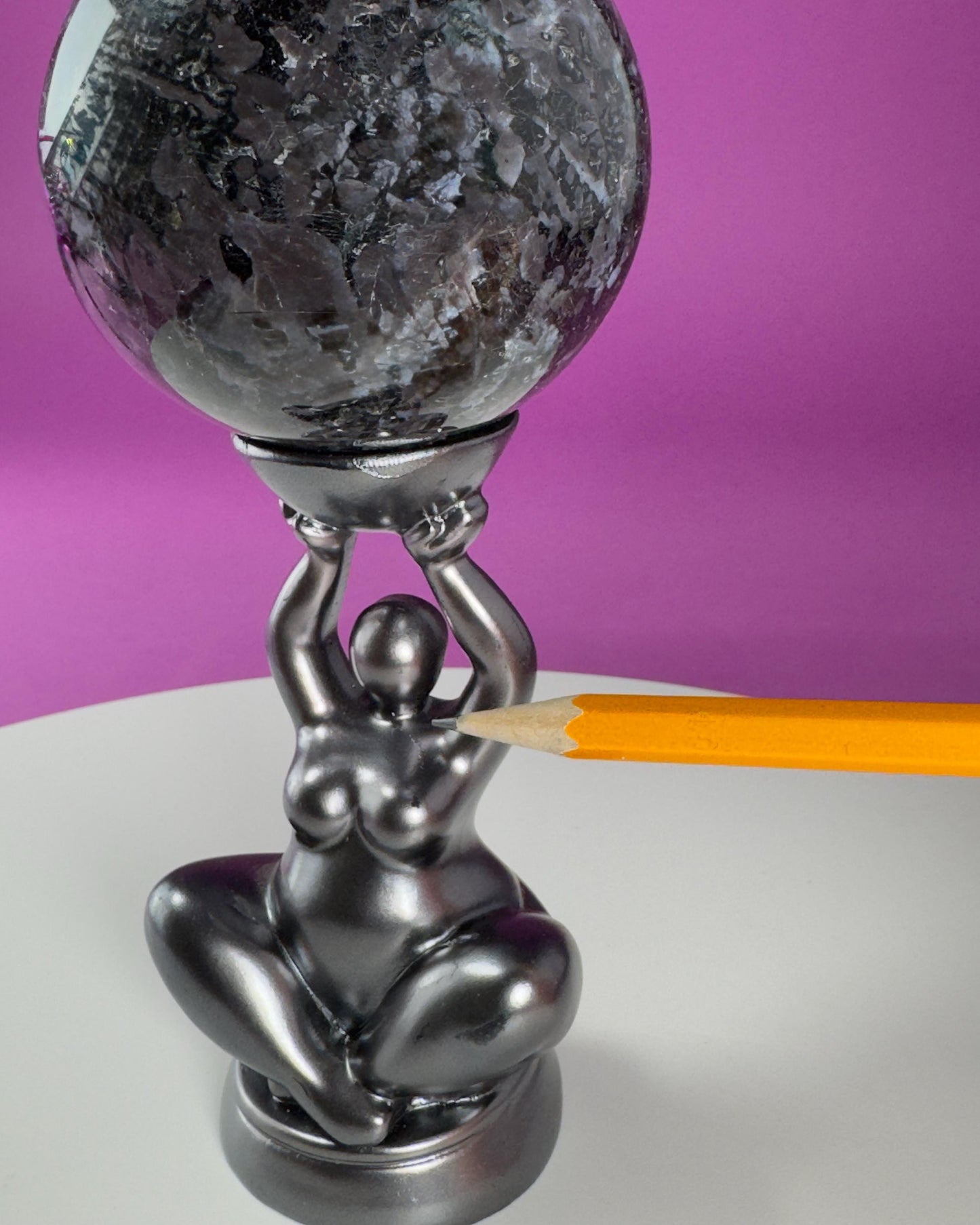 Indigo Gabbro Sphere with Goddess Stand (Mystic Merlinite), Healing Stone for Altar Decor & Meditation