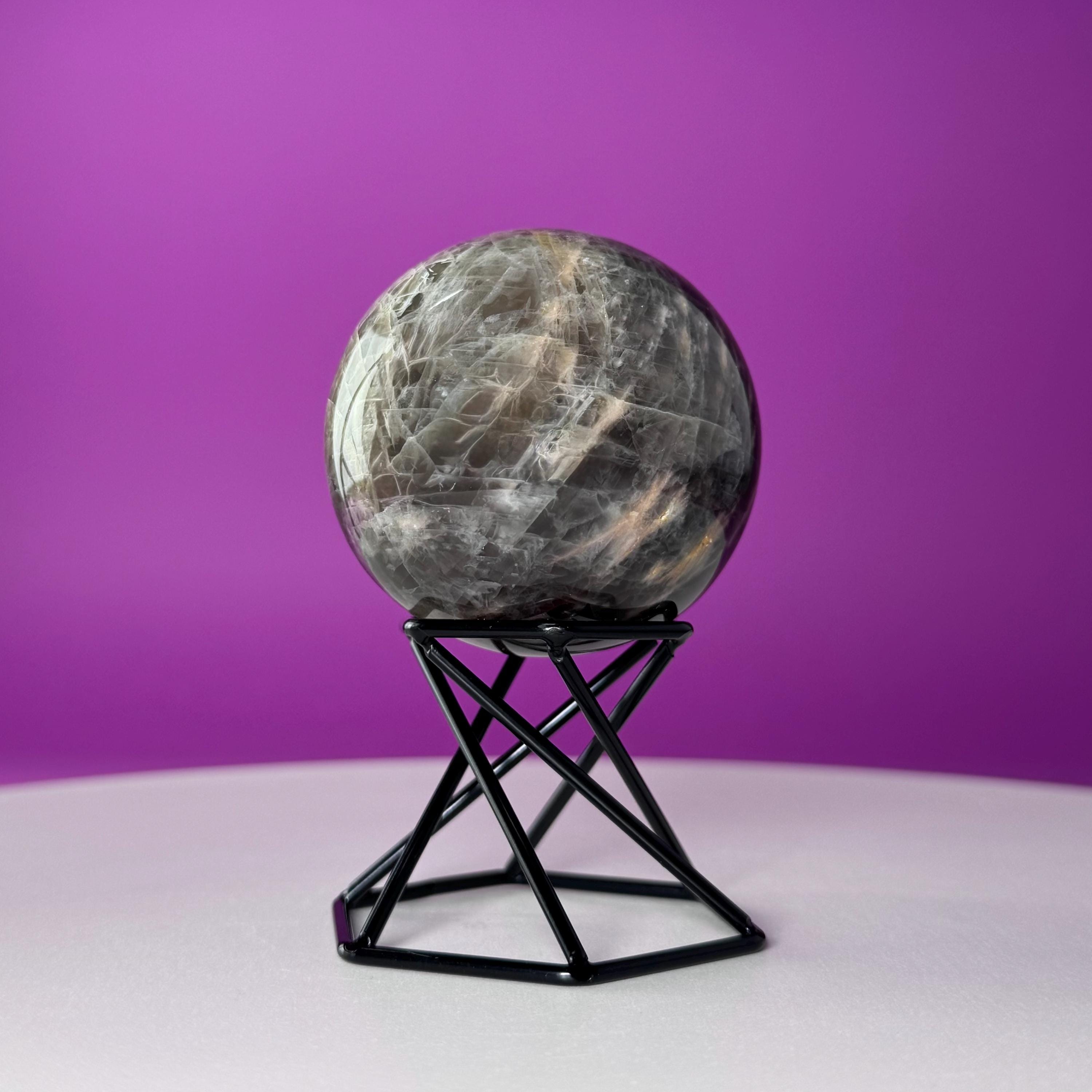 Black Moonstone Sphere with Stand | 259g Polished Crystal Ball | Intuition Stone | Lunar Energy Decor