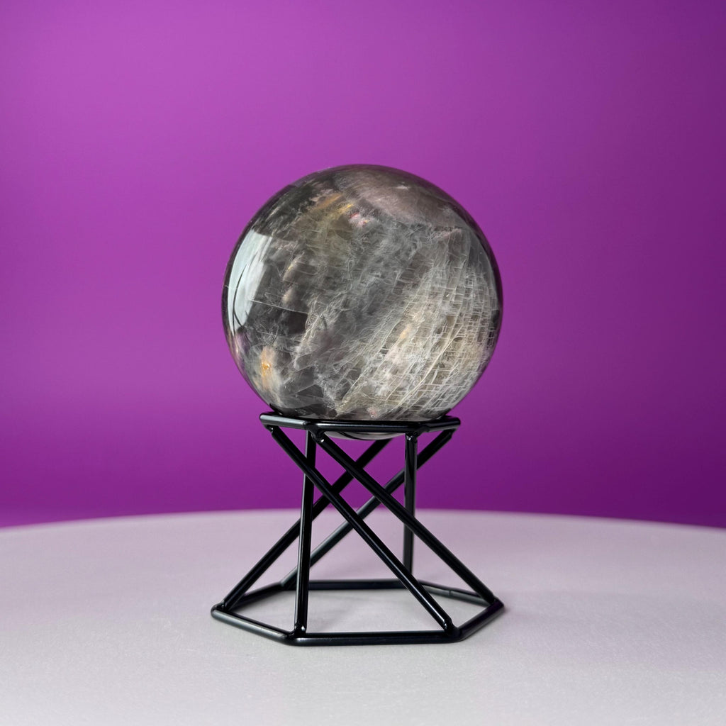 Black Moonstone Sphere with Stand | 259g Polished Crystal Ball | Intuition Stone | Lunar Energy Decor