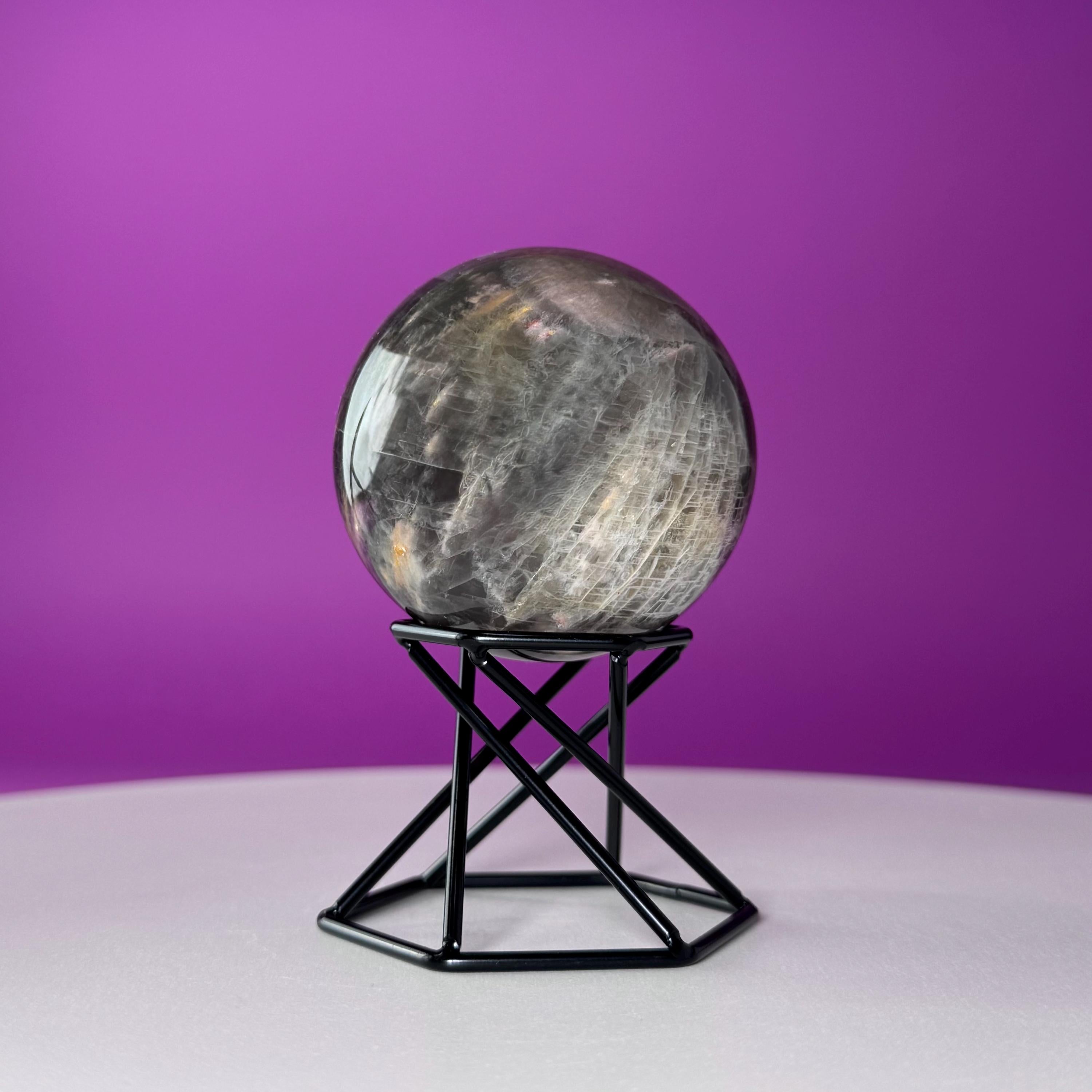 Black Moonstone Sphere with Stand | 259g Polished Crystal Ball | Intuition Stone | Lunar Energy Decor