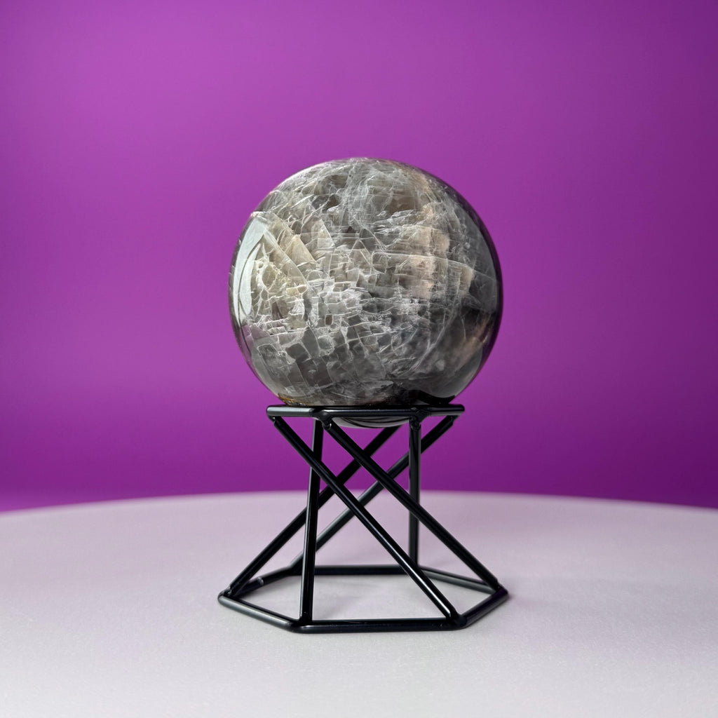 Black Moonstone Sphere with Stand | 259g Polished Crystal Ball | Intuition Stone | Lunar Energy Decor