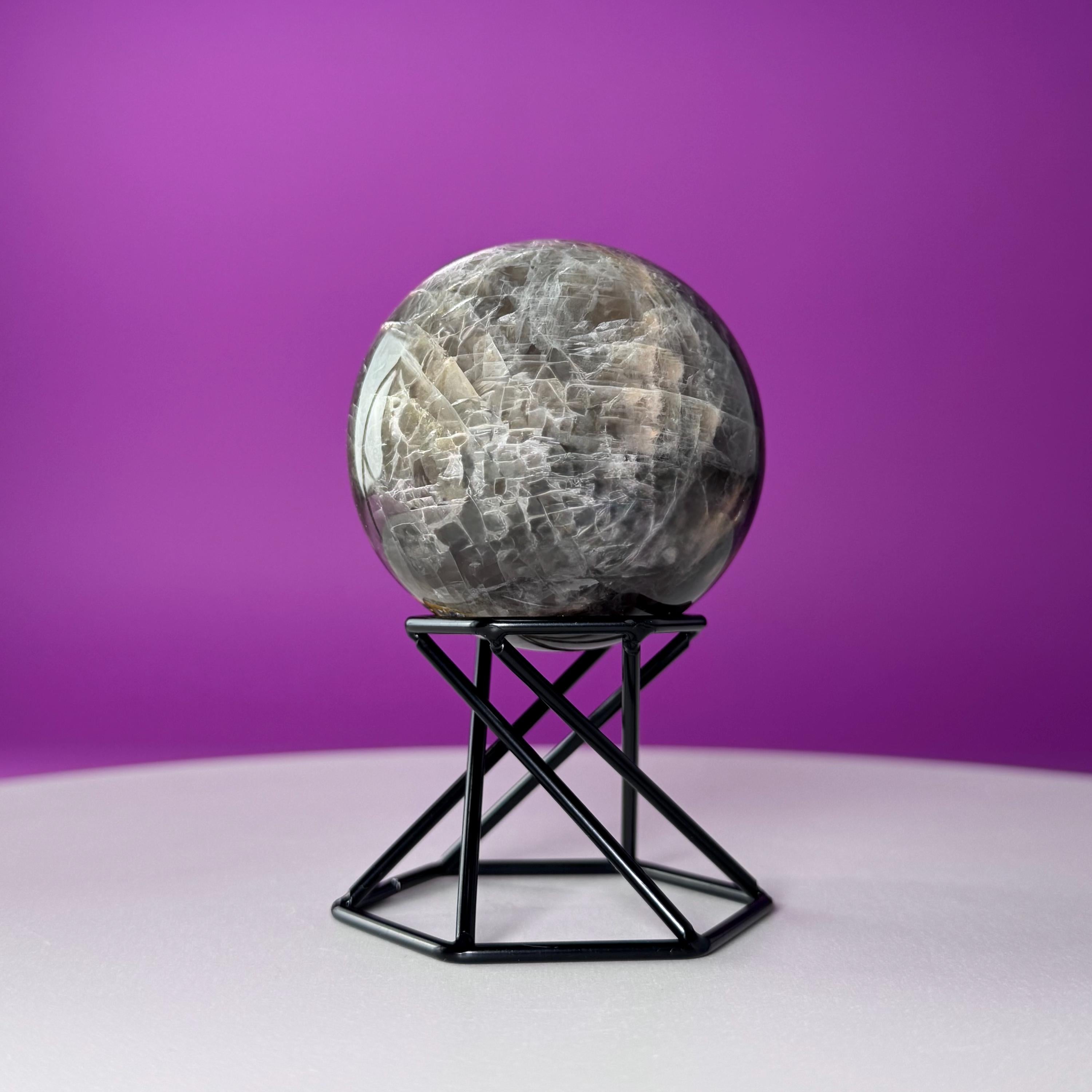 Black Moonstone Sphere with Stand | 259g Polished Crystal Ball | Intuition Stone | Lunar Energy Decor