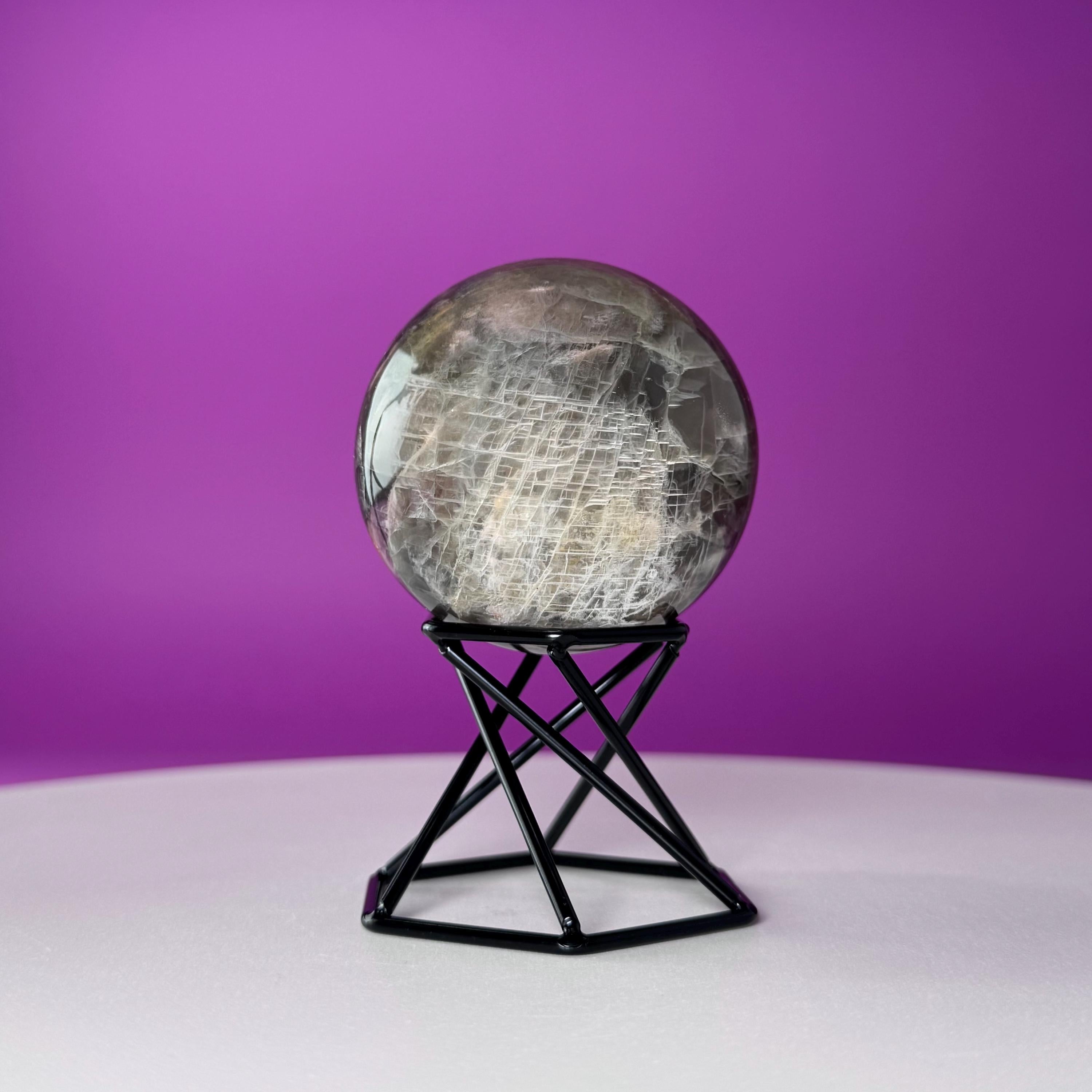 Black Moonstone Sphere with Stand | 259g Polished Crystal Ball | Intuition Stone | Lunar Energy Decor