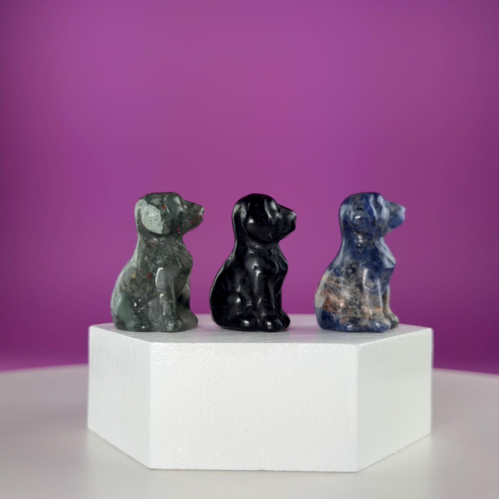 Mini Crystal Dog Carving  Black Obsidian Bloodstone Sodalite  Small Healing Stone Animal Figurine