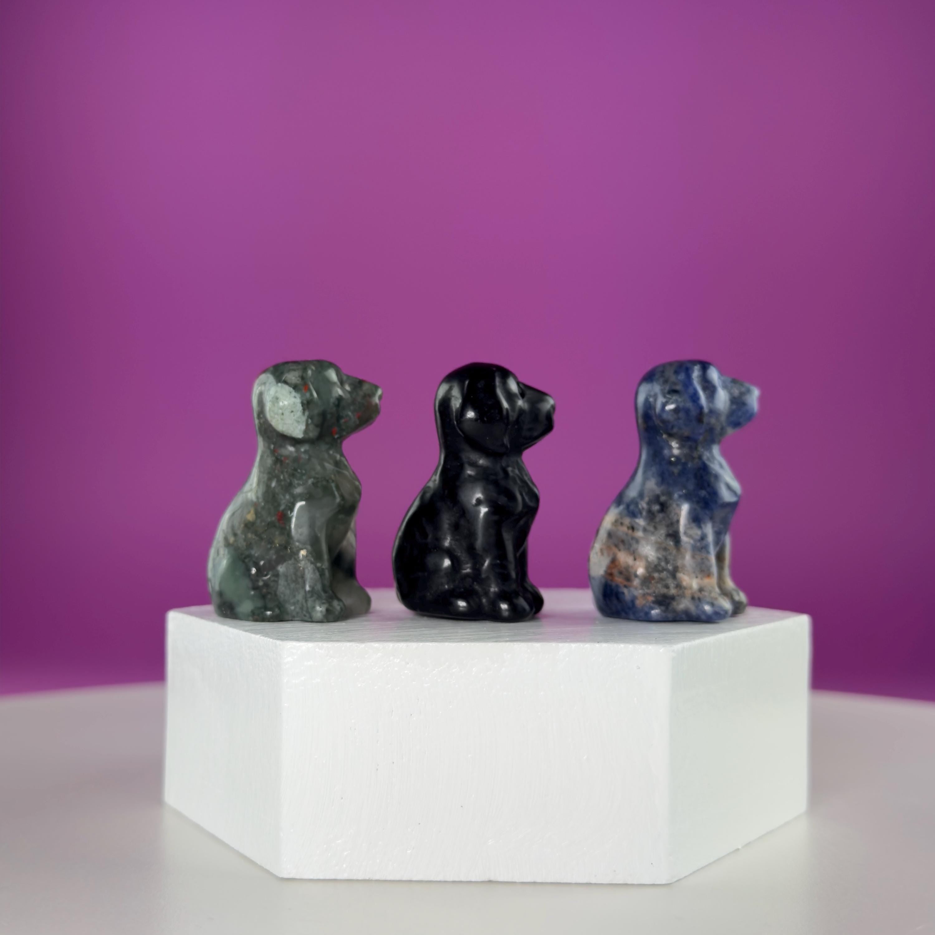 Mini Crystal Dog Carving  Black Obsidian Bloodstone Sodalite  Small Healing Stone Animal Figurine