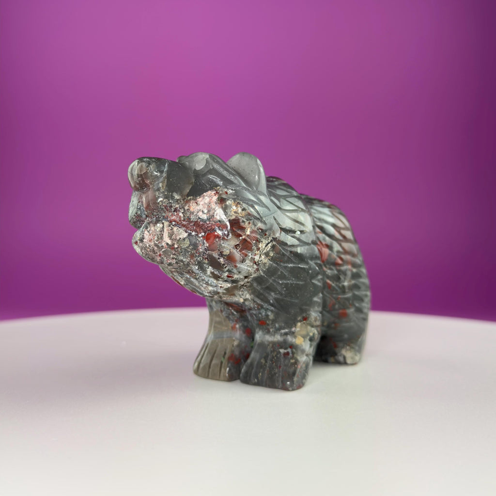 African Bloodstone Bear Carving  Crystal Animal Totem  Healing Stone Figurine for Strength & Protection