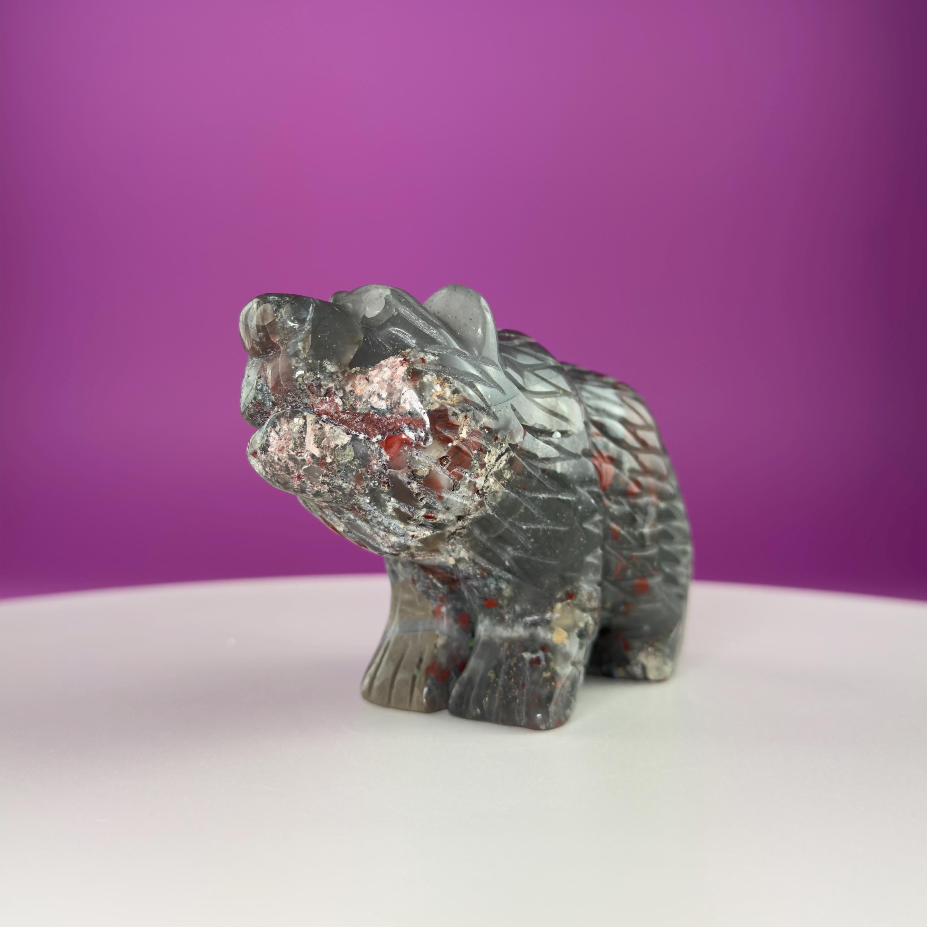 African Bloodstone Bear Carving  Crystal Animal Totem  Healing Stone Figurine for Strength & Protection