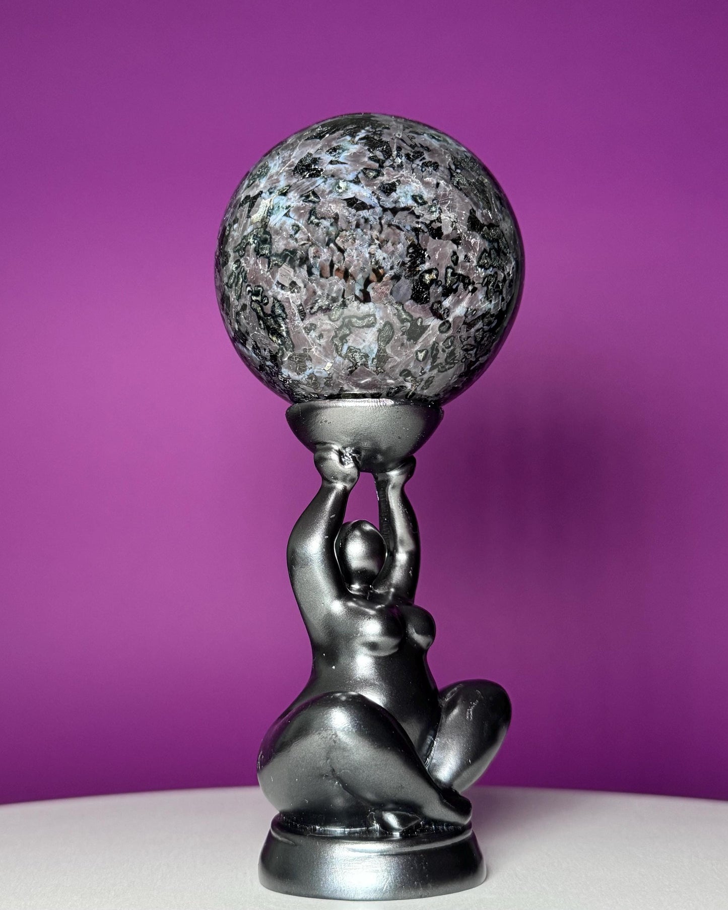 Indigo Gabbro Sphere with Goddess Stand (Mystic Merlinite), Healing Stone for Altar Decor & Meditation