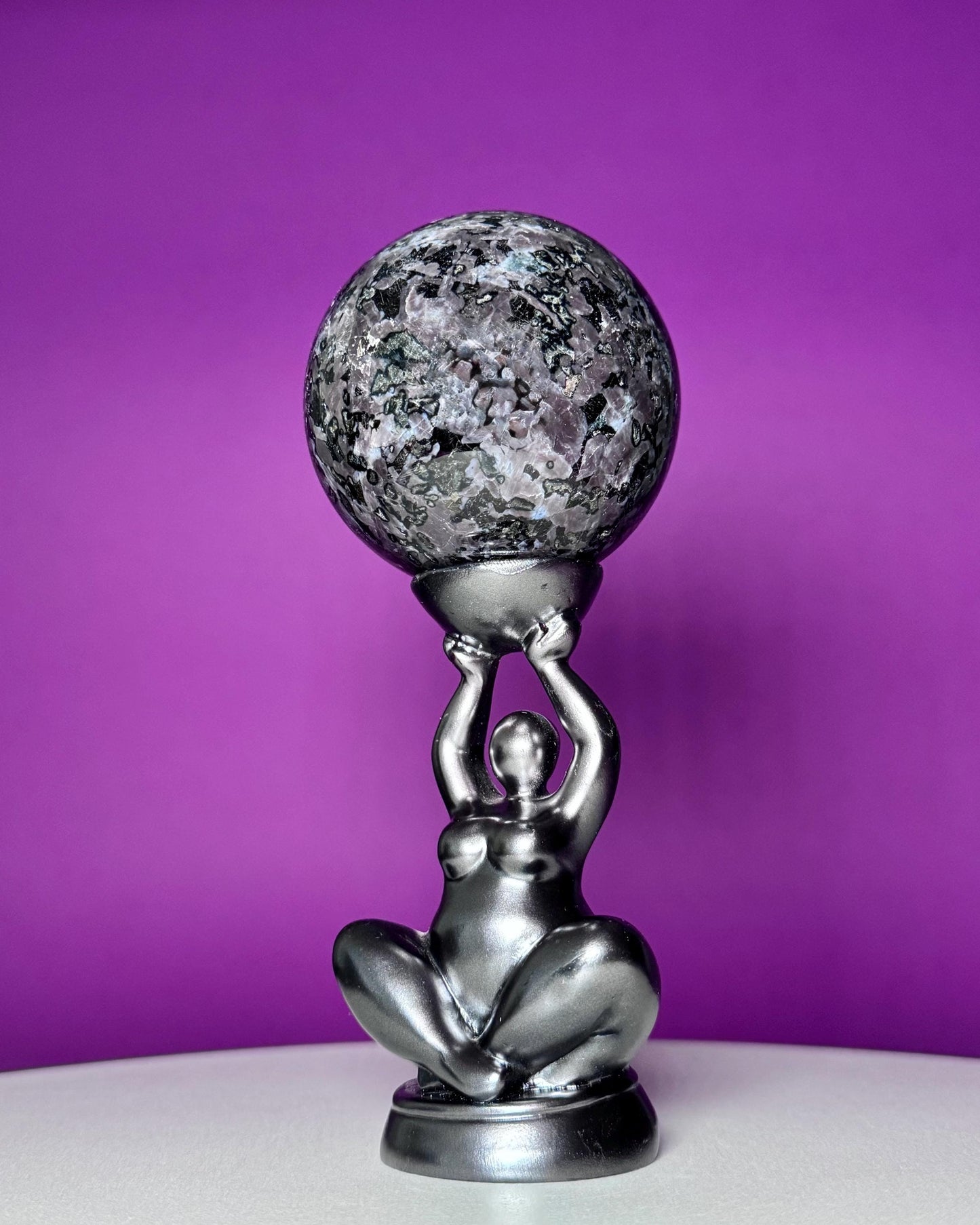 Indigo Gabbro Sphere with Goddess Stand (Mystic Merlinite), Healing Stone for Altar Decor & Meditation
