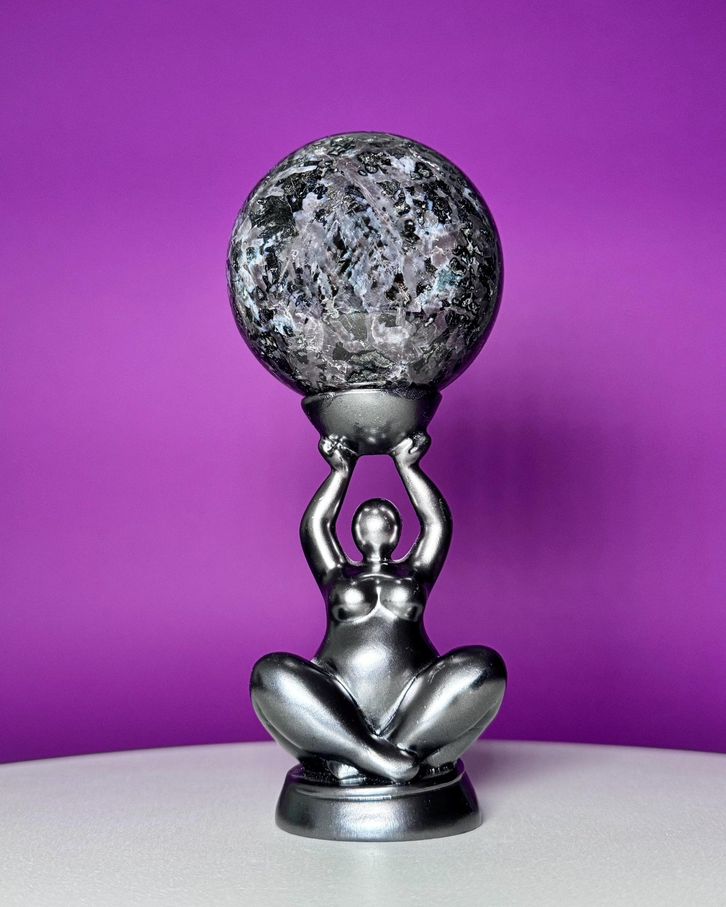 Indigo Gabbro Sphere with Goddess Stand (Mystic Merlinite), Healing Stone for Altar Decor & Meditation