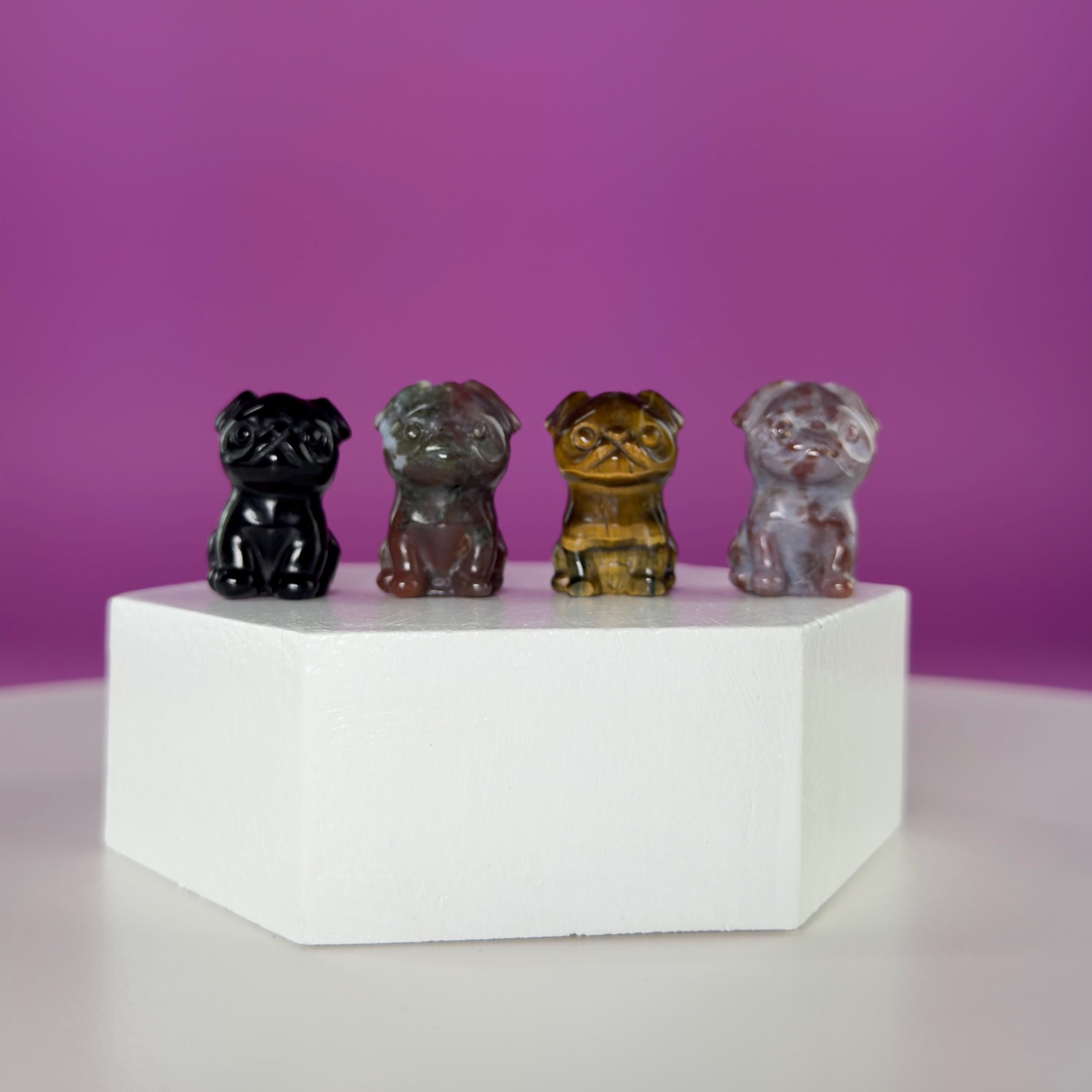 Mini Crystal Pug Dog Carving  Obsidian, Bloodstone, Tiger Eye & Ocean Jasper