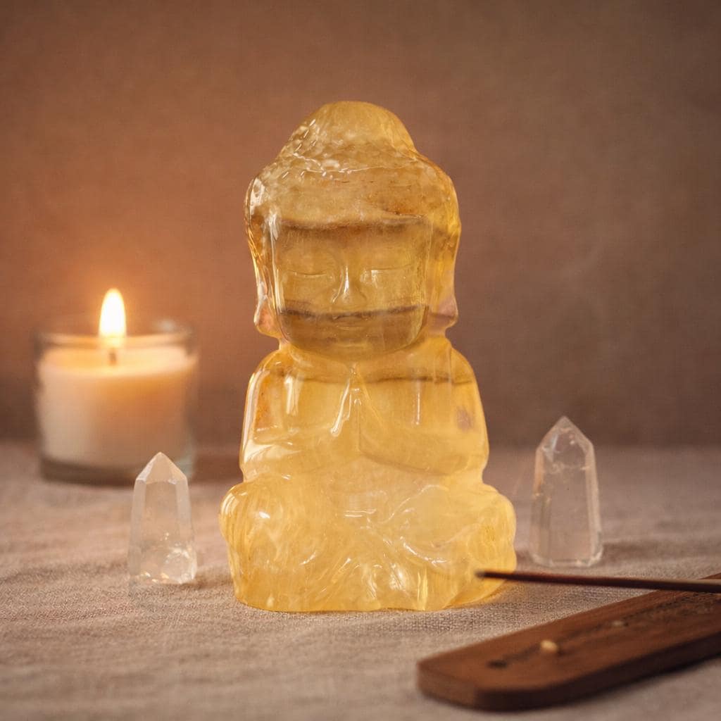 Yellow Fluorite Baby Buddha Carving – Meditation Crystal Statue for Spiritual Decor