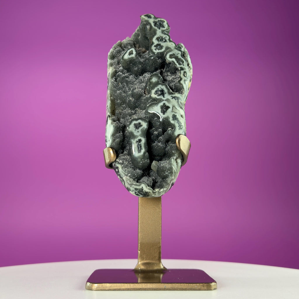 Green Jasper Amethyst Druzy Specimen on Custom Gold Stand | Collector Mineral Display