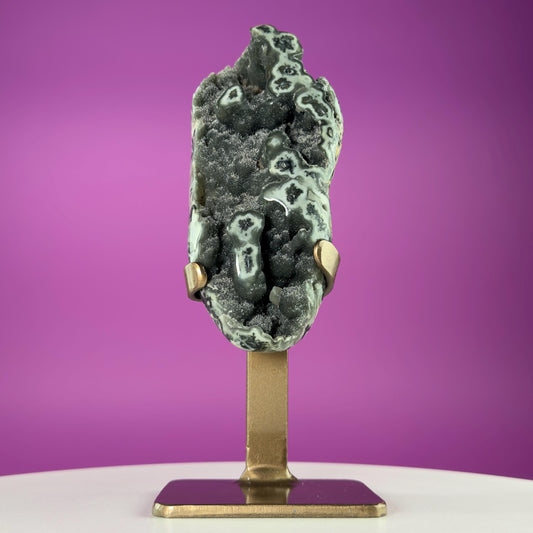 Green Jasper Amethyst Druzy Specimen on Custom Gold Stand | Collector Mineral Display