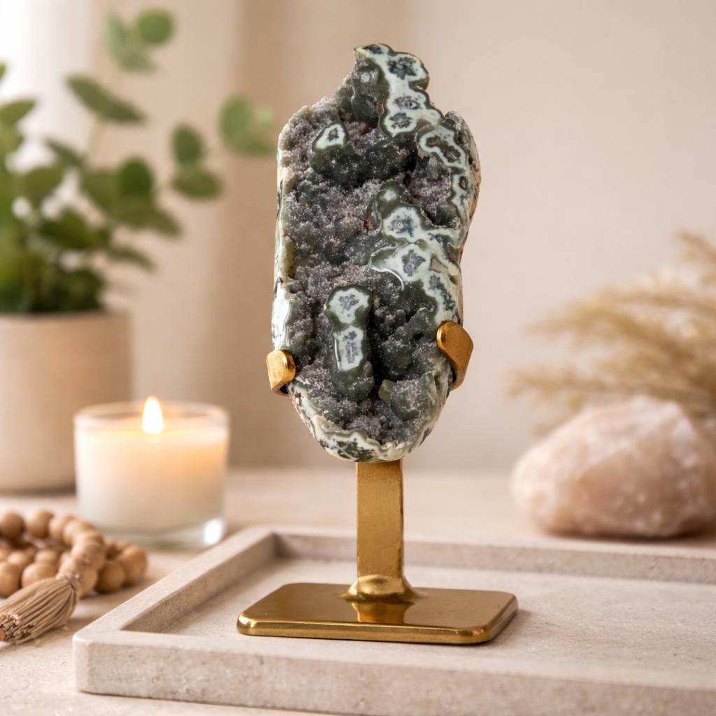 Green Jasper Amethyst Druzy Specimen on Custom Gold Stand | Collector Mineral Display