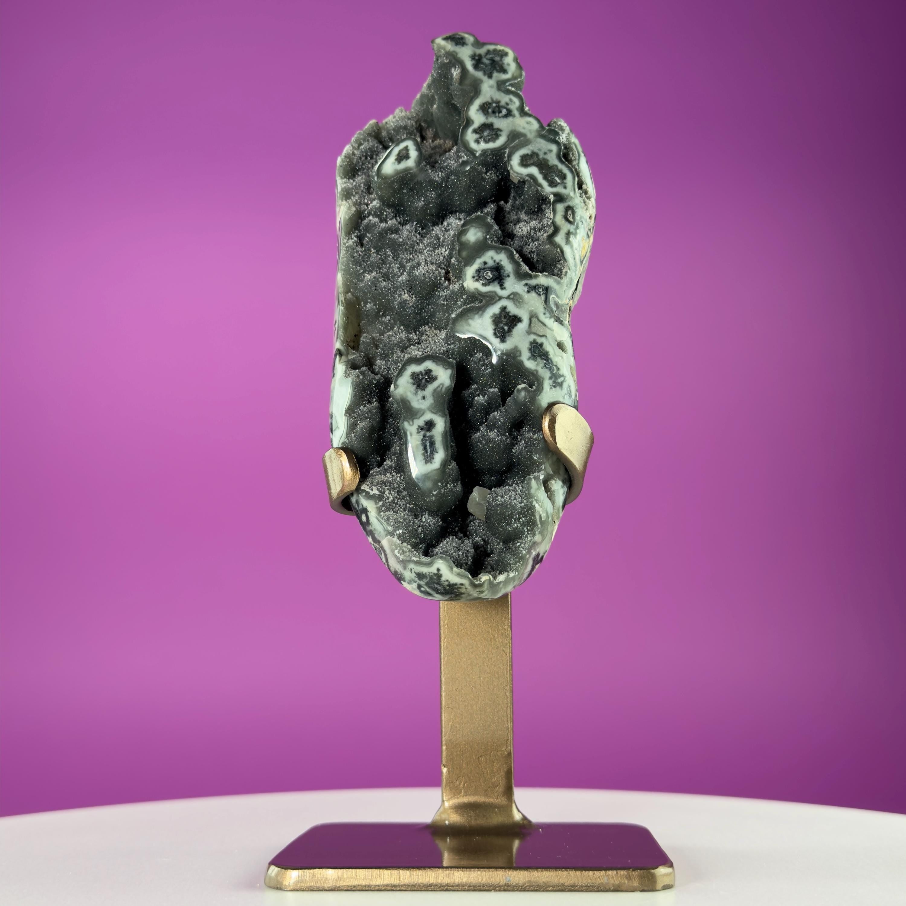 Green Jasper Amethyst Druzy Specimen on Custom Gold Stand | Collector Mineral Display