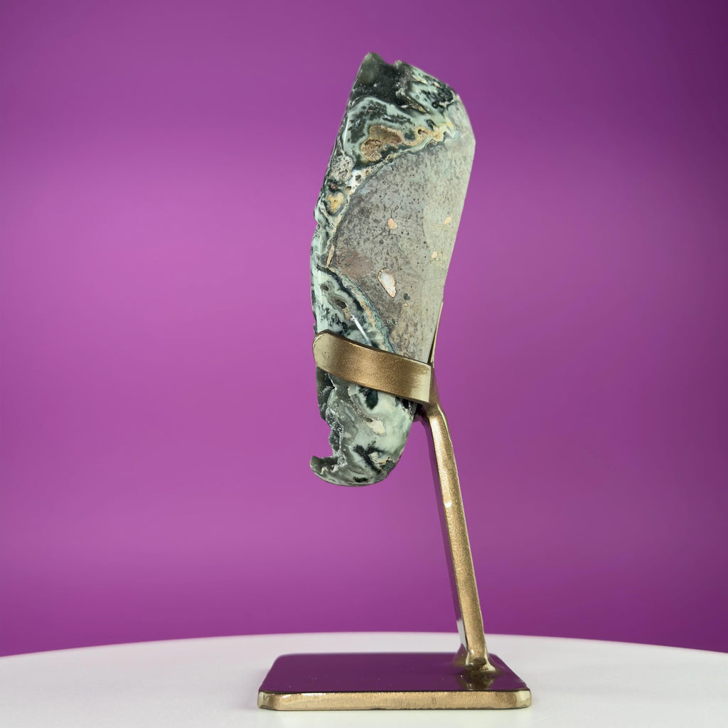 Green Jasper Amethyst Druzy Specimen on Custom Gold Stand | Collector Mineral Display
